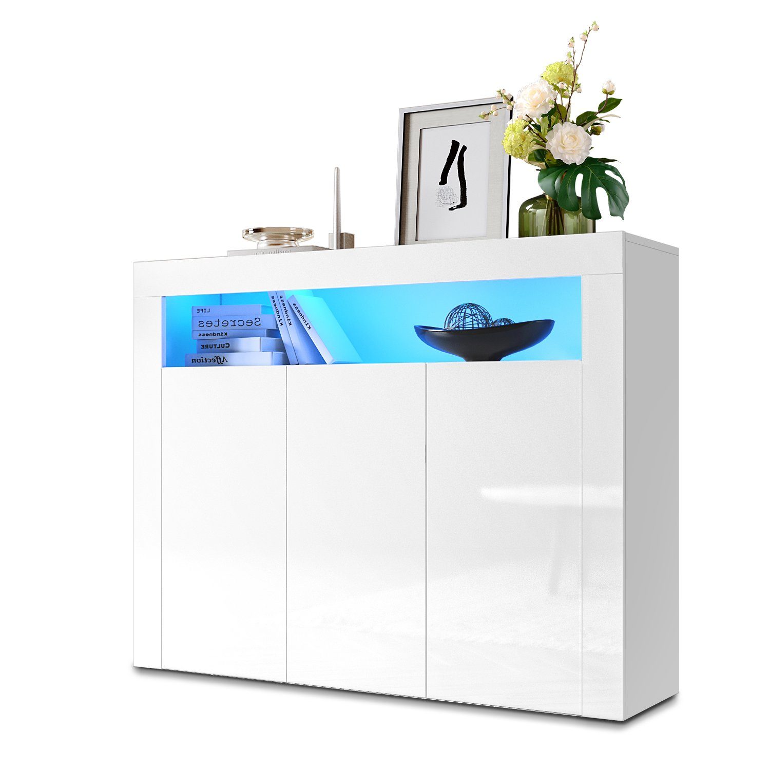 SONNI Kommode Sideboard Weiss Hochglanz mit LED, Kommodenschrank Sideboard für Küche und Esszimmer