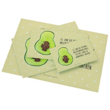 Mr. & Mrs. Panda Servierbrett Avocado Kern - Gelb Pastell - Geschenk, Vegan, Gesund, Veggie, glückl, Premium Glas, (1-St), Gravierte Motive