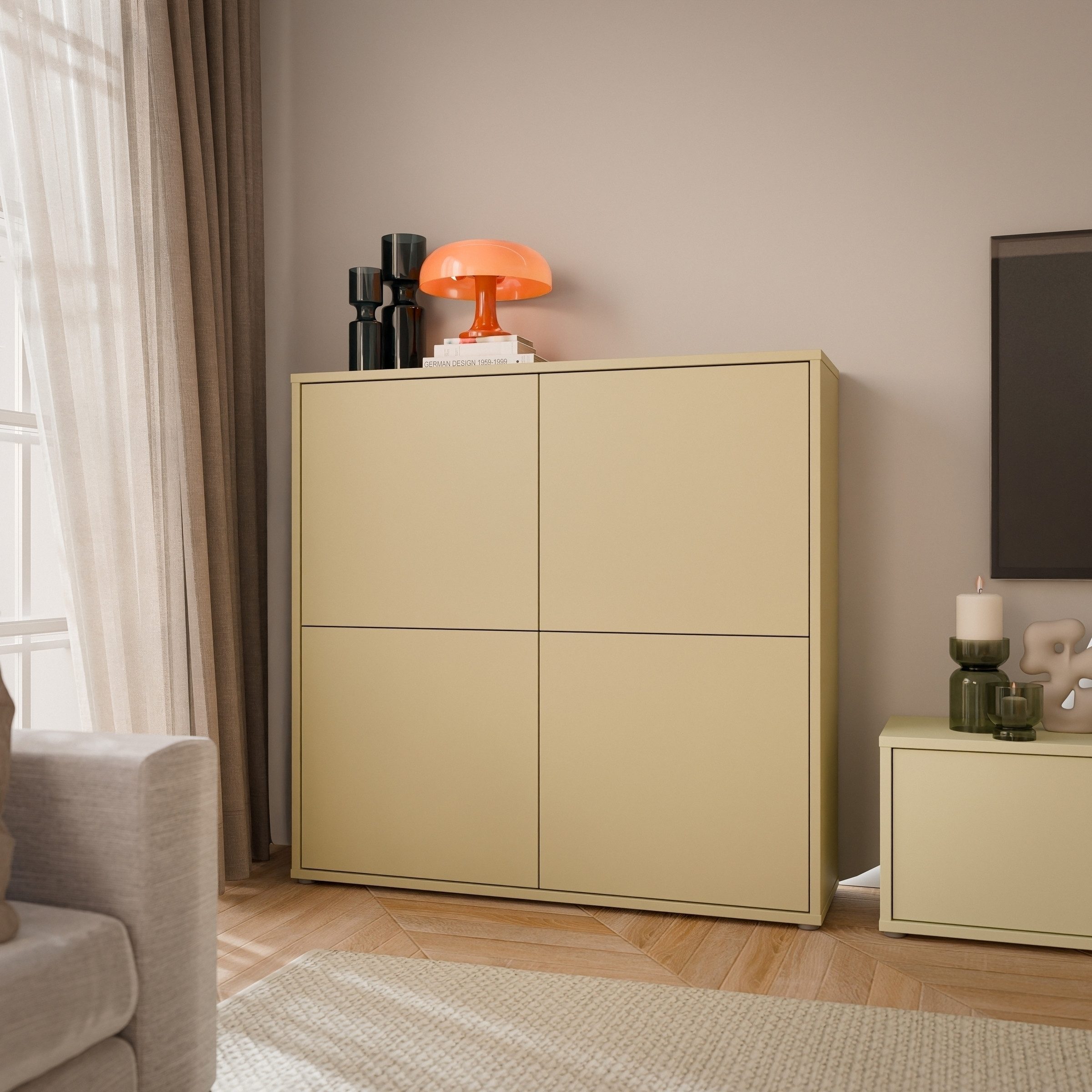 PREISBRECHER Highboard ALICE SPRINGS, in Buttergelb - 124,5x121,5x34,9cm (BxHxT)