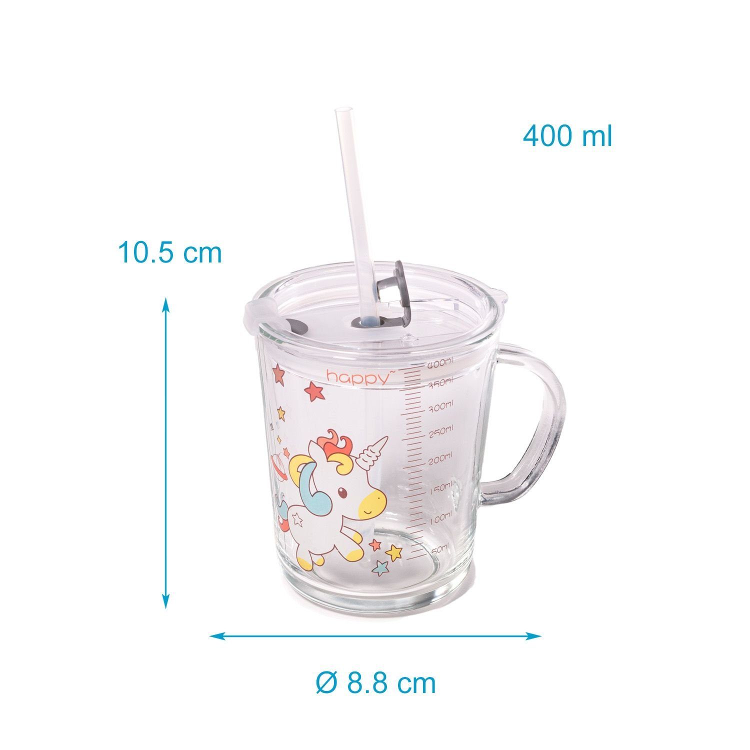 Intirilife Kinderbecher, 1-tlg., Glas, Kinder Trinkbecher transparent mit Deckel Strohhalm mit Einhorn Design