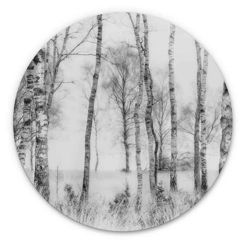 K&L Wall Art Gemälde Metallposter Rund Birkenwald schwarz-weiß Wald Bäume Wanddeko, Metalloptik Wandbild Ø 30cm