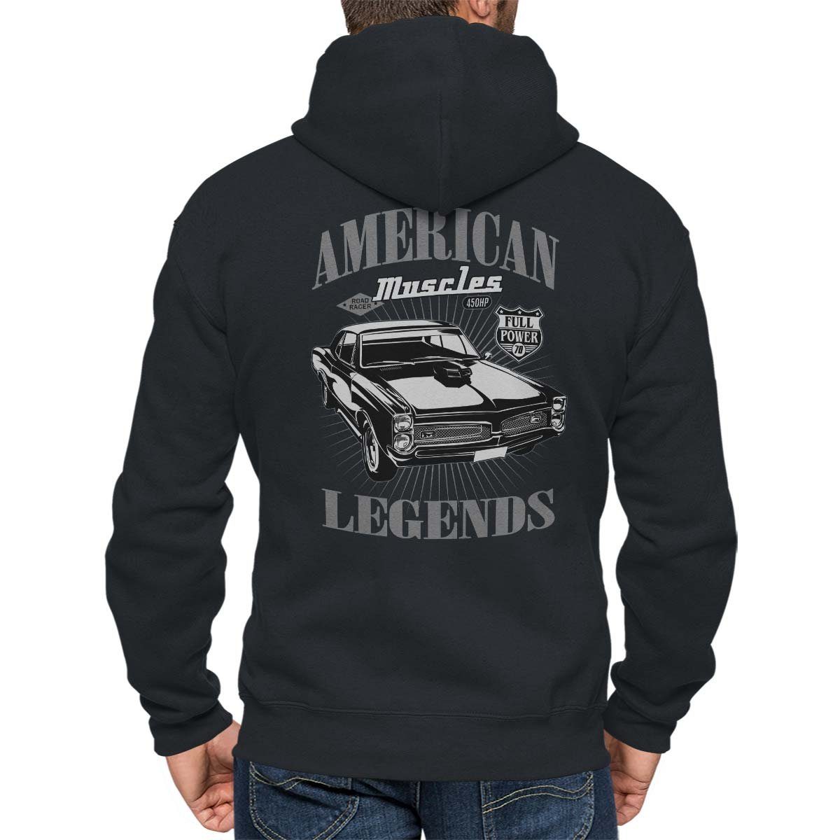 Rebel On Wheels Kapuzensweatjacke Kapuzenjacke Zip Hoodie American V8 Legends mit Auto / US-Car Motiv Schwarz