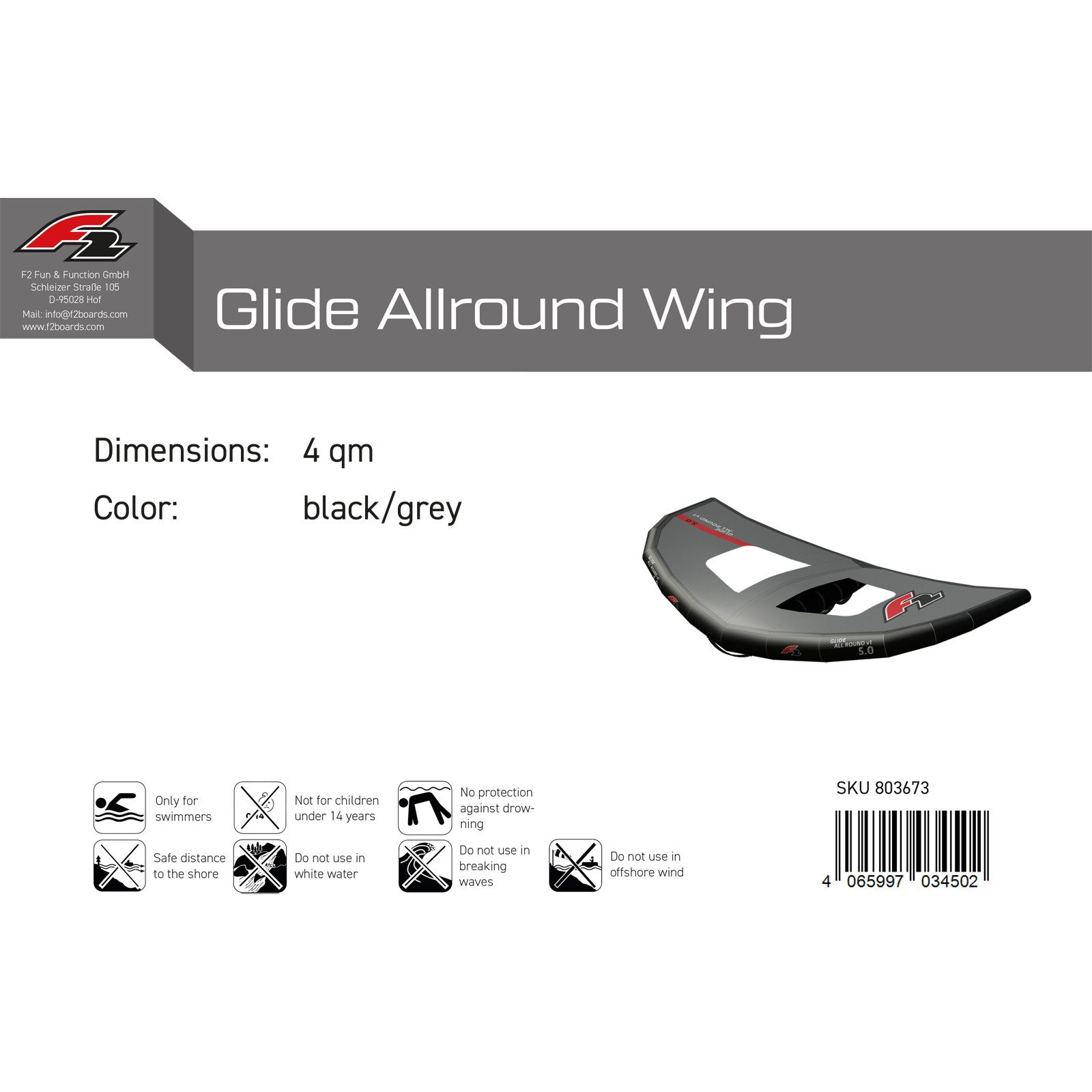 F2 Kite F2 Wing Glide Allround Wing 4 qm Schwarz/Grau