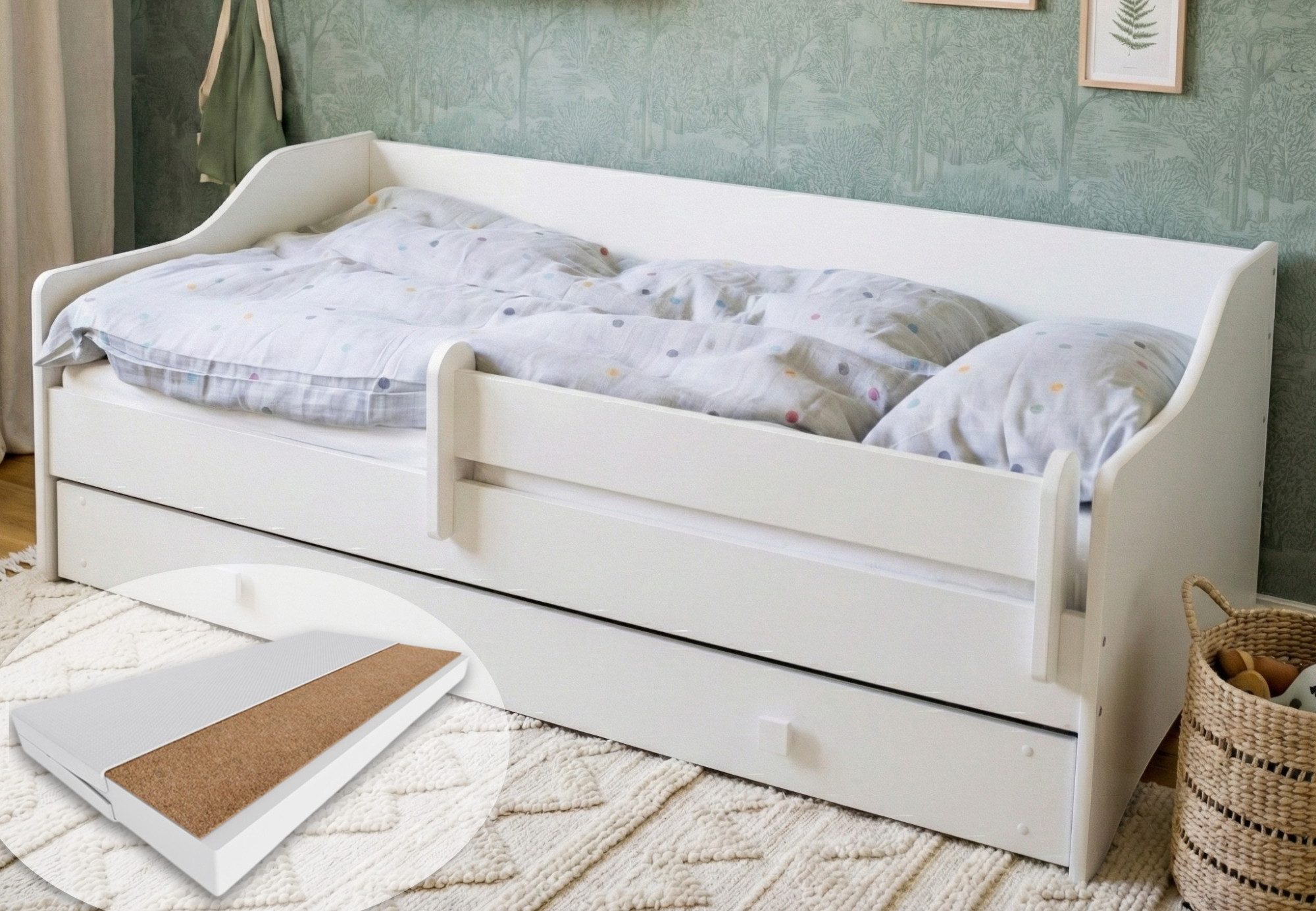 Kids Collective Kinderbett Jugendbett 80x160 & 80x180 cm mit Matratze, Schublade & Rausfallschutz, Komplettbett 80x180 cm mit Kokos-Matratze