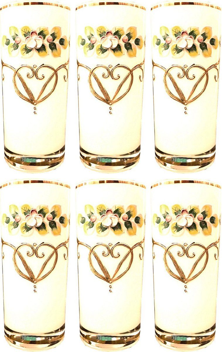 Casa Padrino Glas Luxus Jugendstil Wasserglas 6er Set Weiß / Mehrfarbig / Gold - Handgefertigte und handgravierte Wassergläser mit 24 Karat Vergoldung - Hotel & Restaurant Accessoires