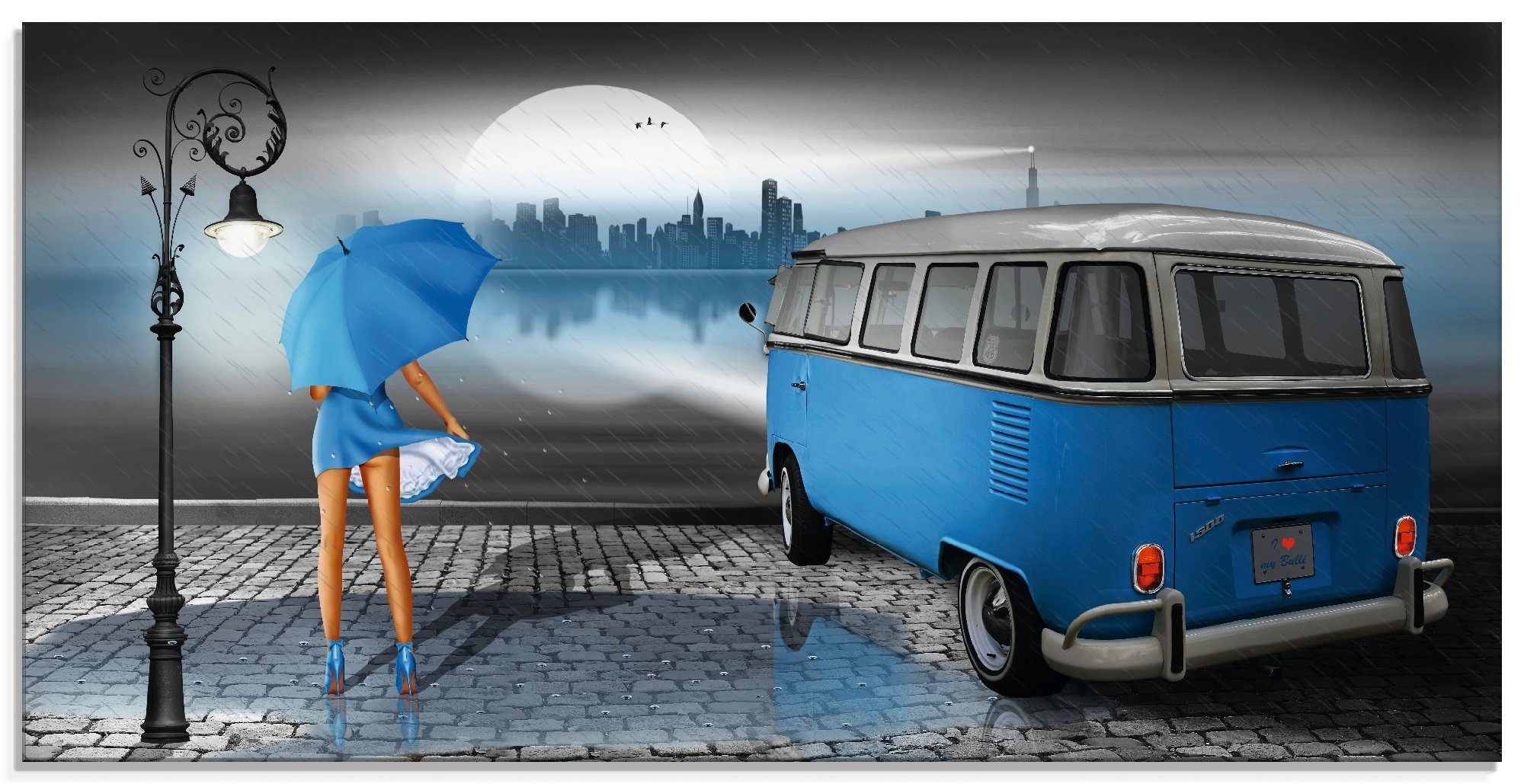 Bulli mit (1 Glasbild T1, St), Blau Größen Auto Regennacht Artland in verschiedenen in