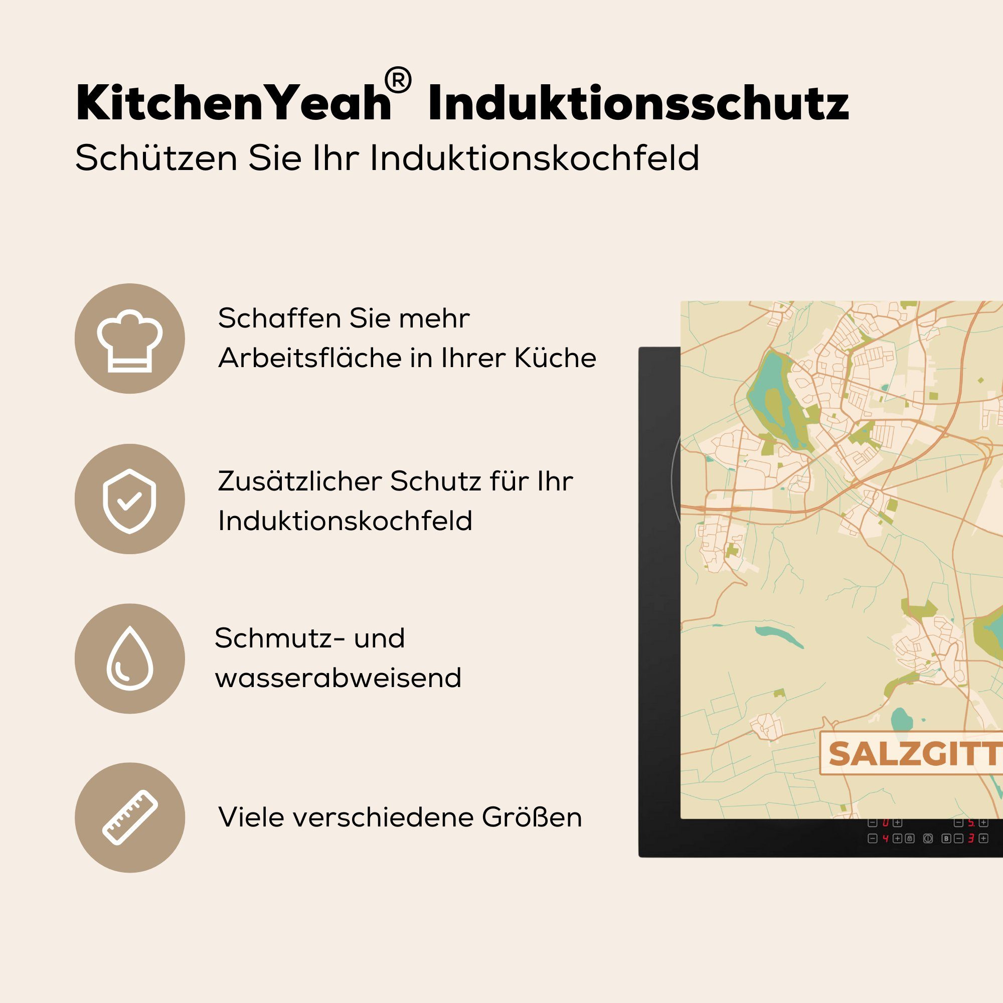 küche für Vinyl, (1 - 78x78 Stadtplan cm, Herdblende-/Abdeckplatte Arbeitsplatte tlg), - - MuchoWow Stadtplan Salzgitter Vintage, Ceranfeldabdeckung,