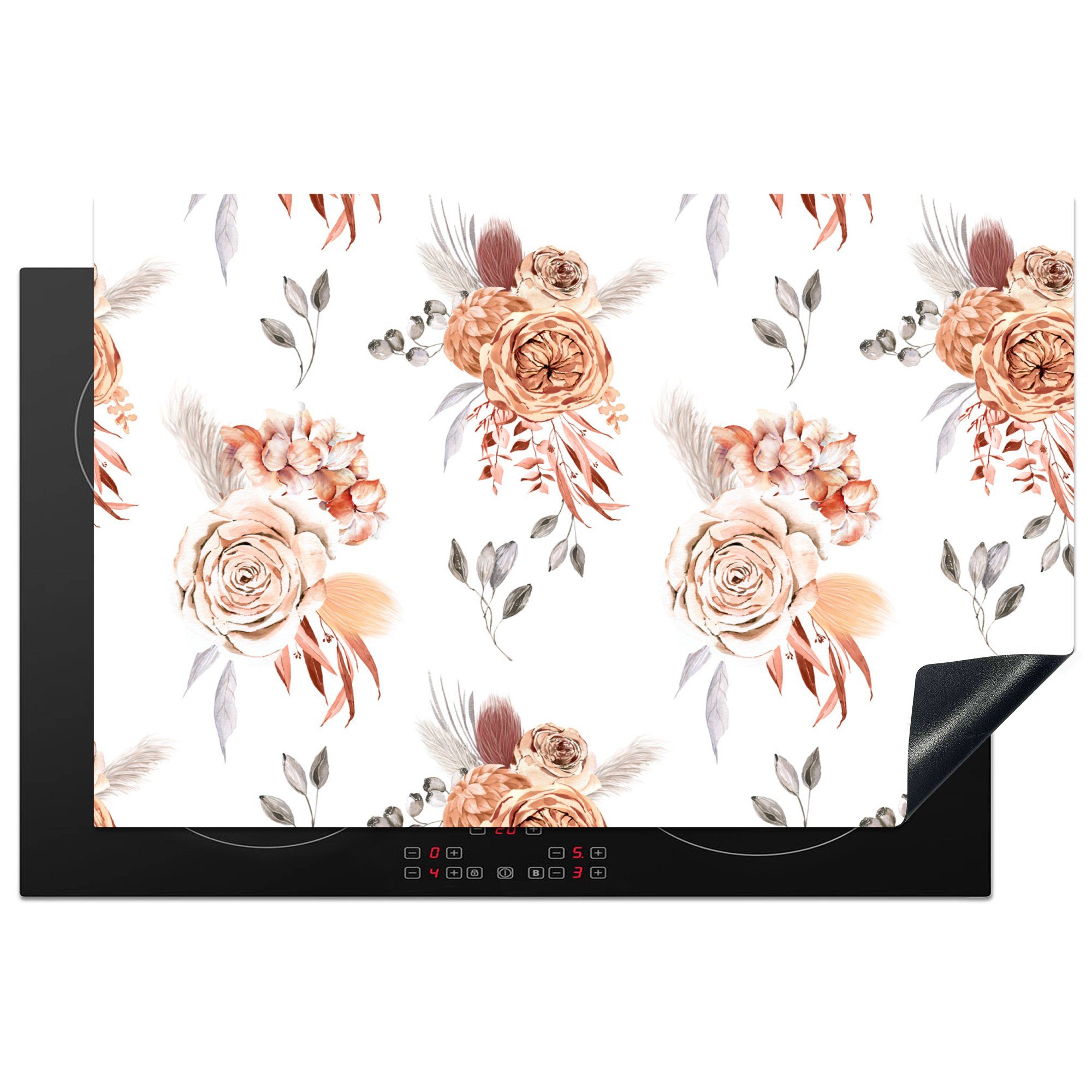 MuchoWow (1 die - Vinyl, küche, Herdblende-/Abdeckplatte Blumen Bohème Blätter 81x52 tlg), - Ceranfeldabdeckung cm, - Weiß, Schutz für Induktionskochfeld