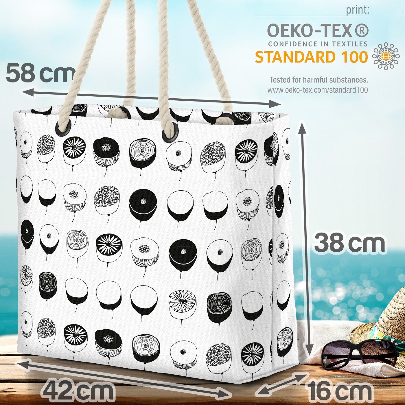 Bild Strandtasche Muster (1-tlg), geblümt Design Blumenmuster Grafik Blumen schwar VOID Norwegen