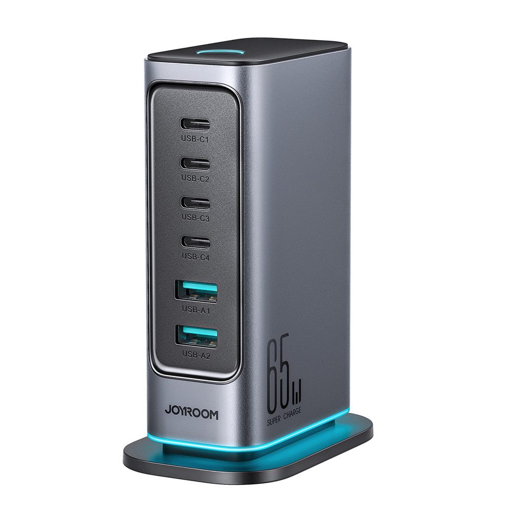 JOYROOM Mehrfachladegerät Ladestation Schnellladegerät USB-Ladegerät (4000.0 mA, Spar-Set, 1-tlg., 11 x 7 x 4 cm sicher, GaN, 6 Anschlüsse, 65 W, LED-Beleuchtung)