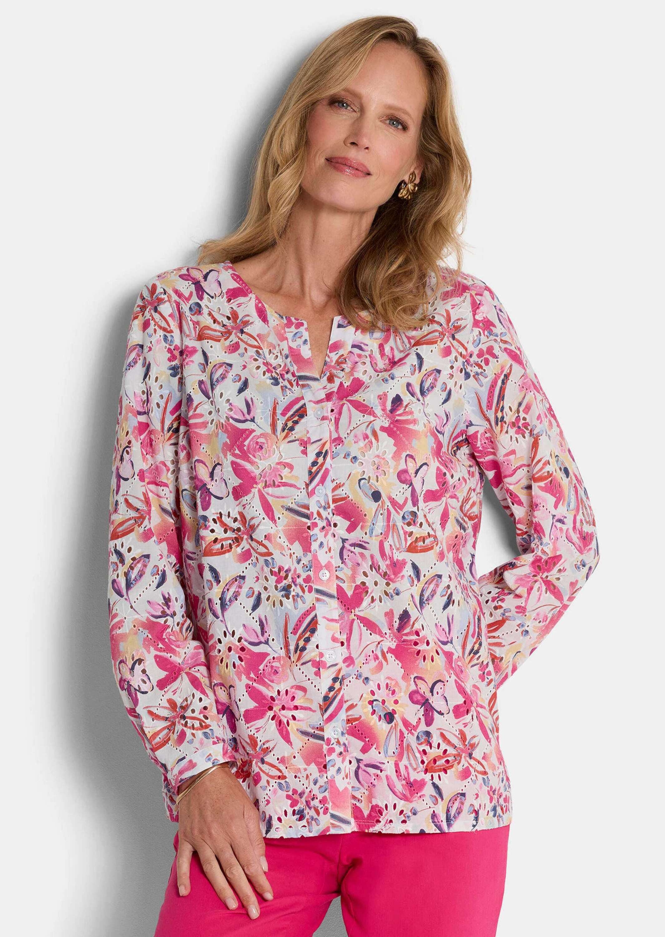 GOLDNER Kurzarmbluse Druckbluse mit floralem Design Baumwollbluse mit V-Aus günstig online kaufen
