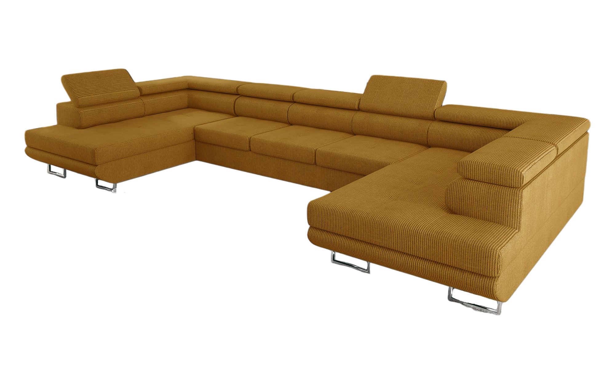 thematys Ecksofa Aston U 403 x 203cm mit Schlaffunktion & Bettkasten –, U-Sofa mit verstellbaren Kopfstützen, Samt (Monolotith), oder Cord (Poso), - U-Form, XL-Wohnlandschaft, 390 cm breit