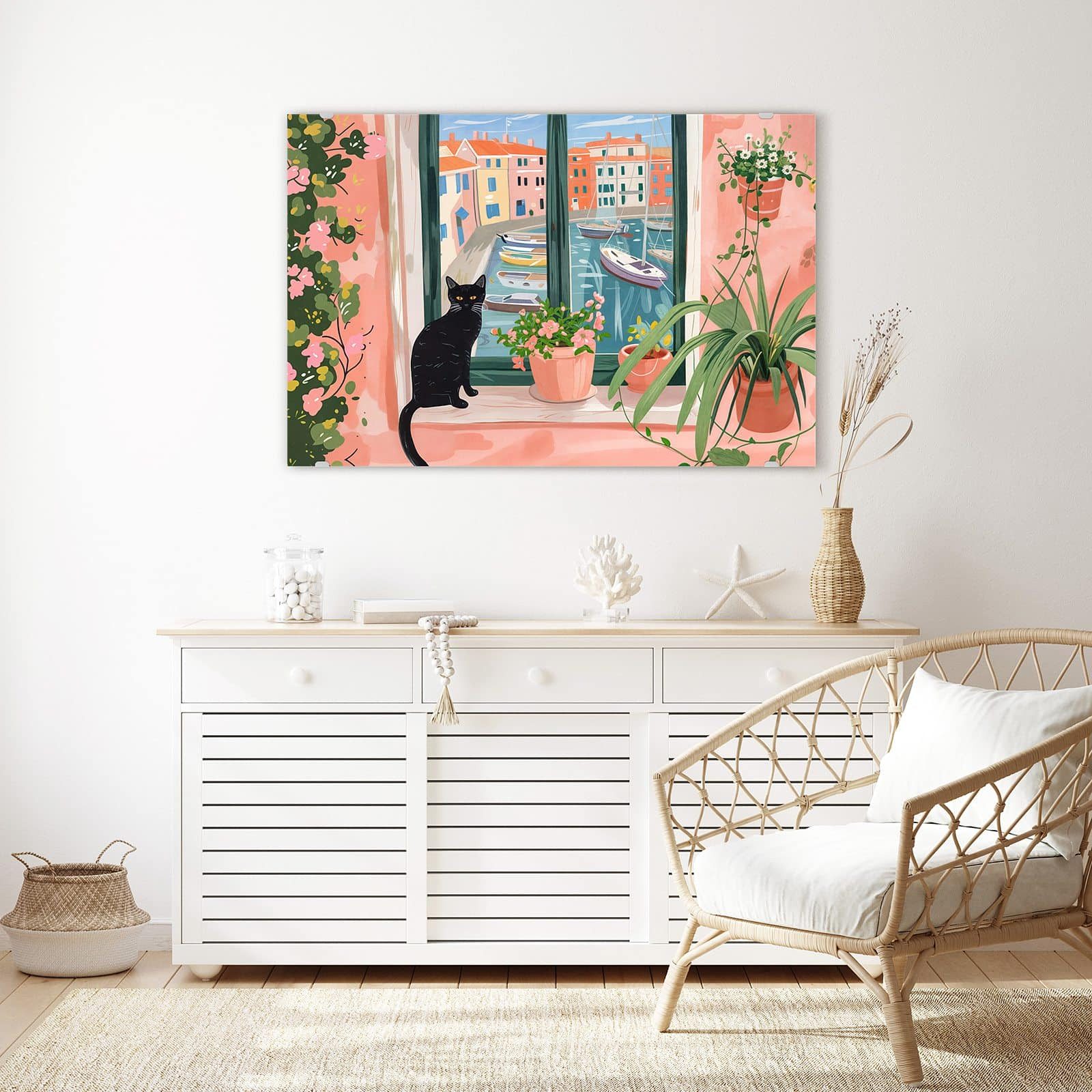 Primedeco Glasbild Wandbild Katze am Fenster mit Aufhängung, Kunst & Zeichnungen (21 verschiedene Größen, 1 St), Elegante Aufhängung