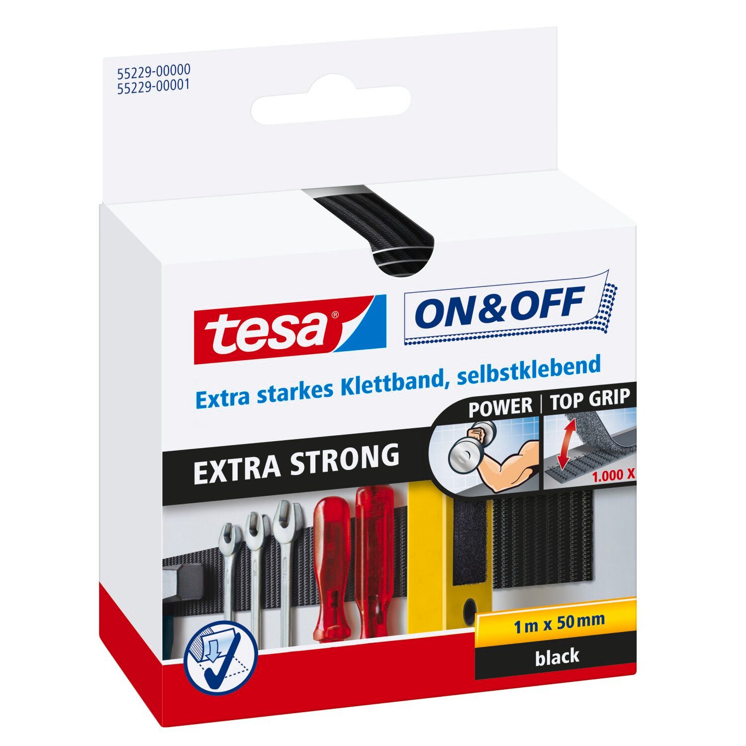 tesa Klett-Klebeband ON & OFF Extra Strong Klettband (Packung, 1-St) selbstklebendes Klettband - extra stark - schwarz - 1 m : 50 mm