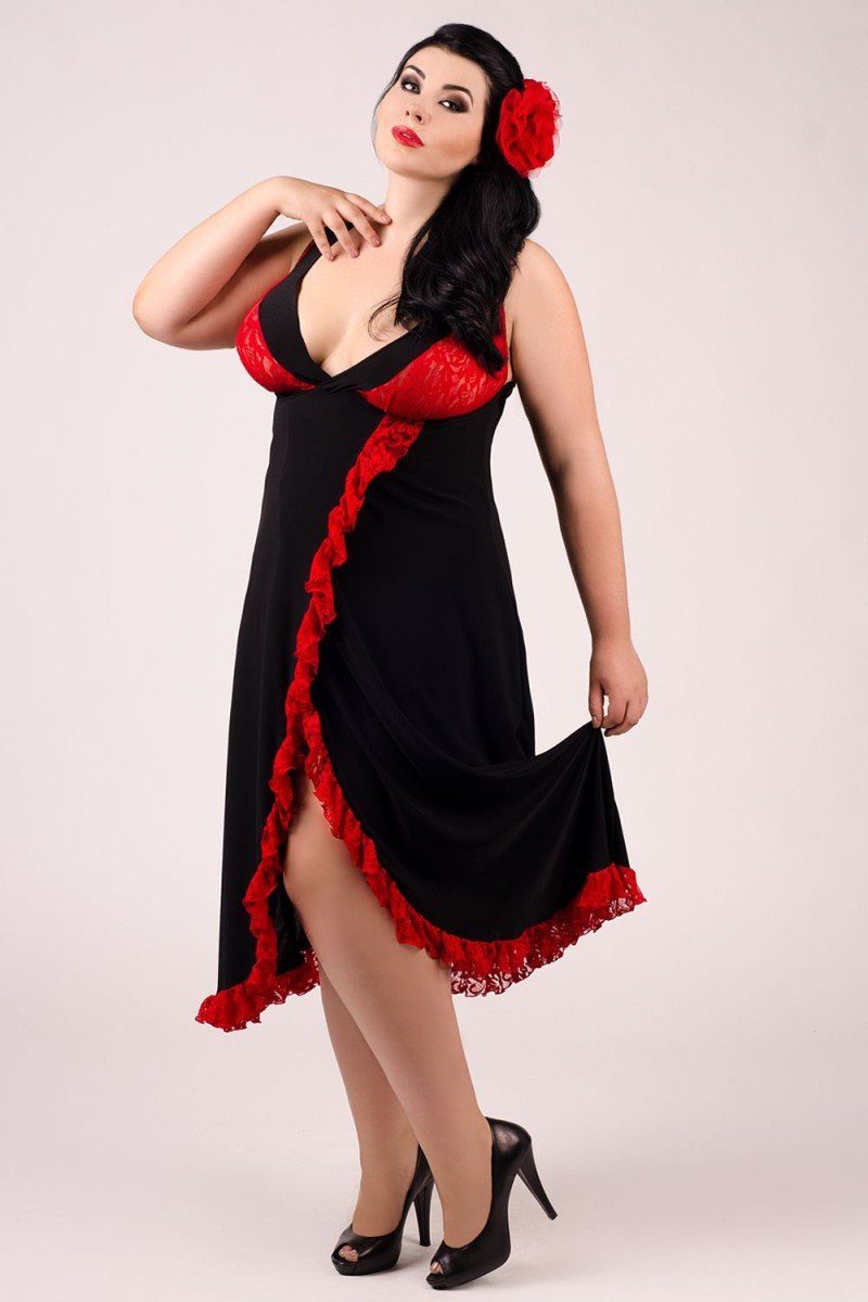 Andalea Negligé langes Kleid in schwarz/rot - 46/48