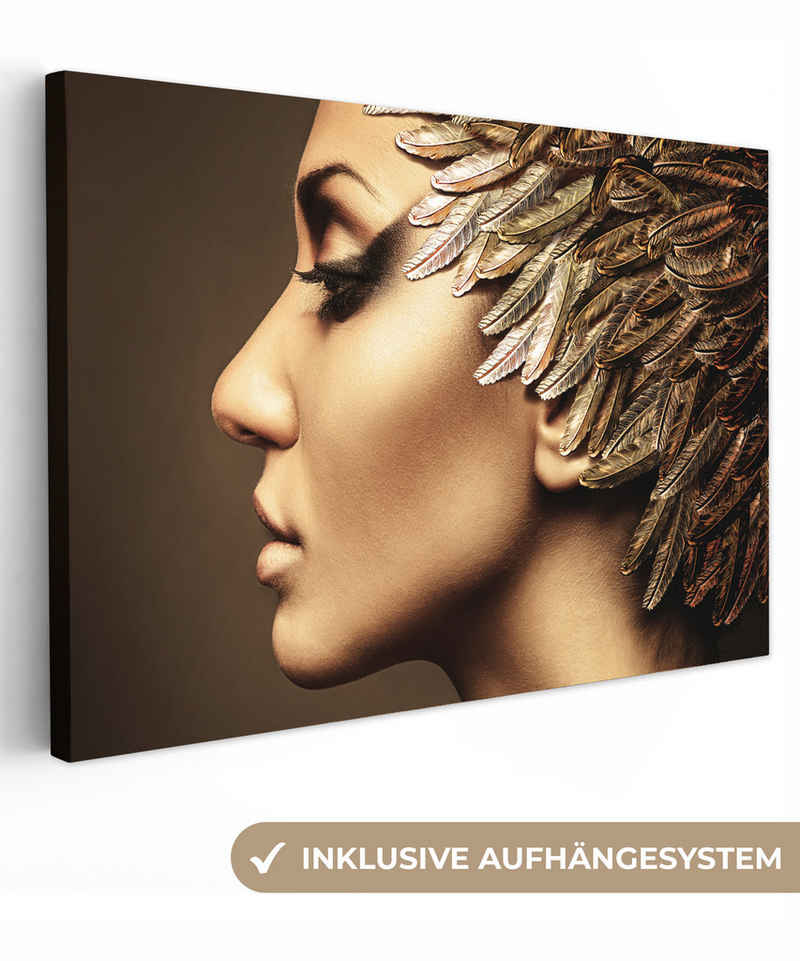 OneMillionCanvasses® Leinwandbild Frau - Abstrakt - Gold - Porträt, Frau - Federn (1 St), Leinwand Bilder Klein, Wand Dekoration 30x20 cm