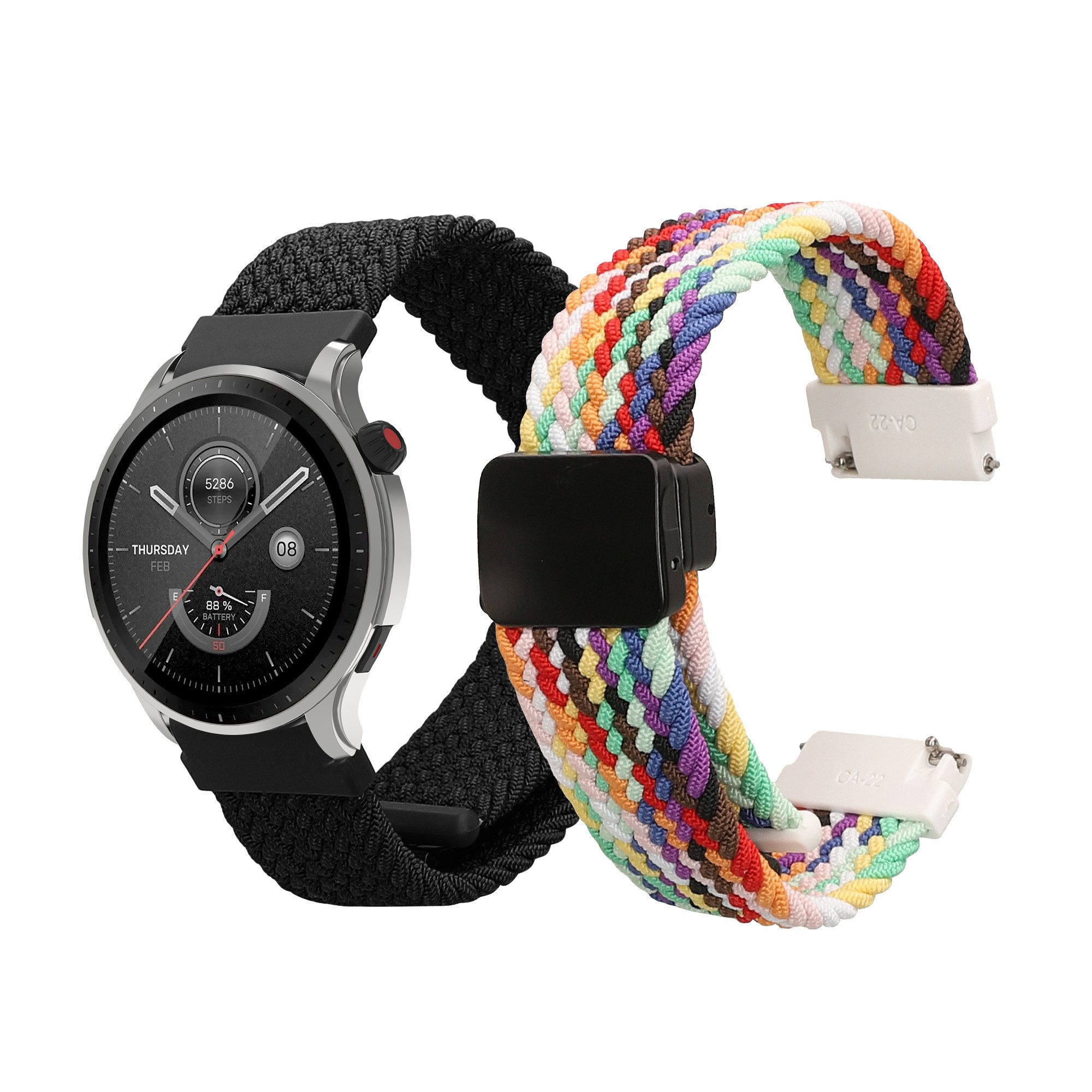 kwmobile 2x Ersatzarmband für Huami 22mm Amazfit Bip 6 / Bip 5 Unity / Bip 5 / Smartwatch, 2-tlg., Nylonarmband Set mit Magnetverschluss - Schwarz Mehrfarbig
