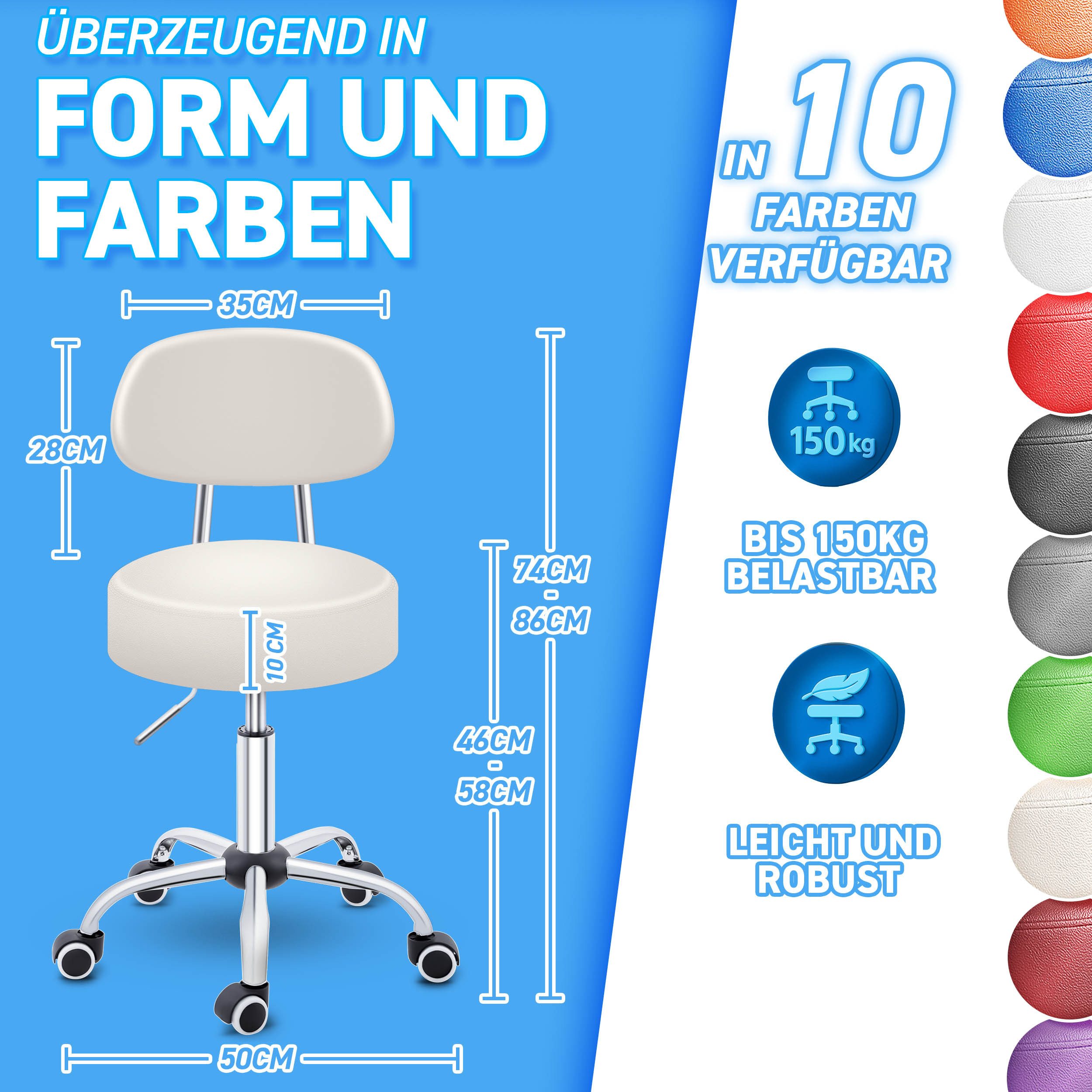 TRESKO Drehhocker Rollhocker mit Lehne, Arbeitshocker höhenverstellbar 46-5 günstig online kaufen