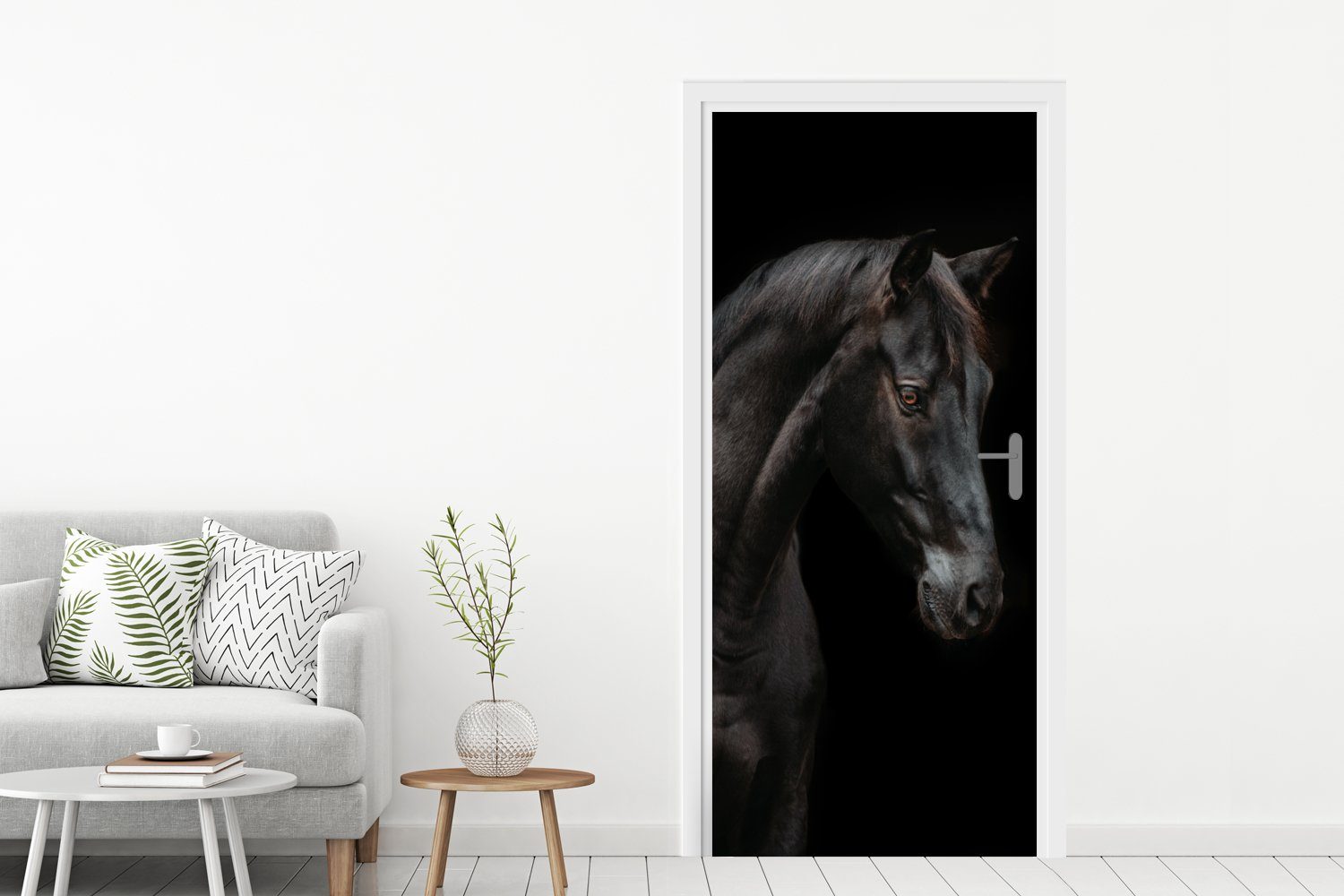 Türaufkleber, MuchoWow - Matt, für St), Türtapete Fototapete Schwarz cm Tür, bedruckt, Tiere - - (1 Porträt, Pferd 75x205