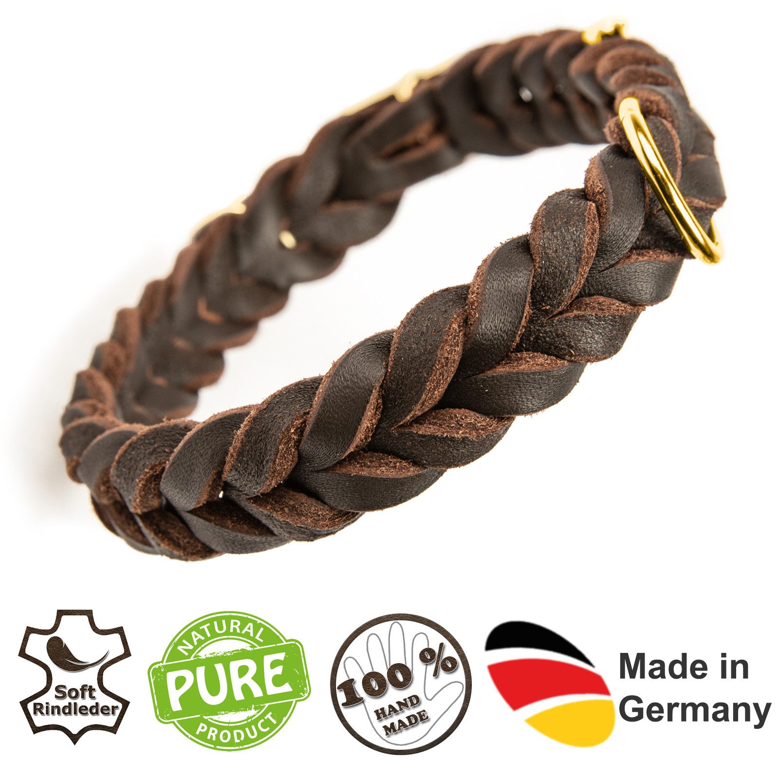 CopcoPet Hunde-Halsband Fettlederhalsband mit Dornschließe verchromt und Messing, Verchromt, Leder, Geflochten, Handarbeit