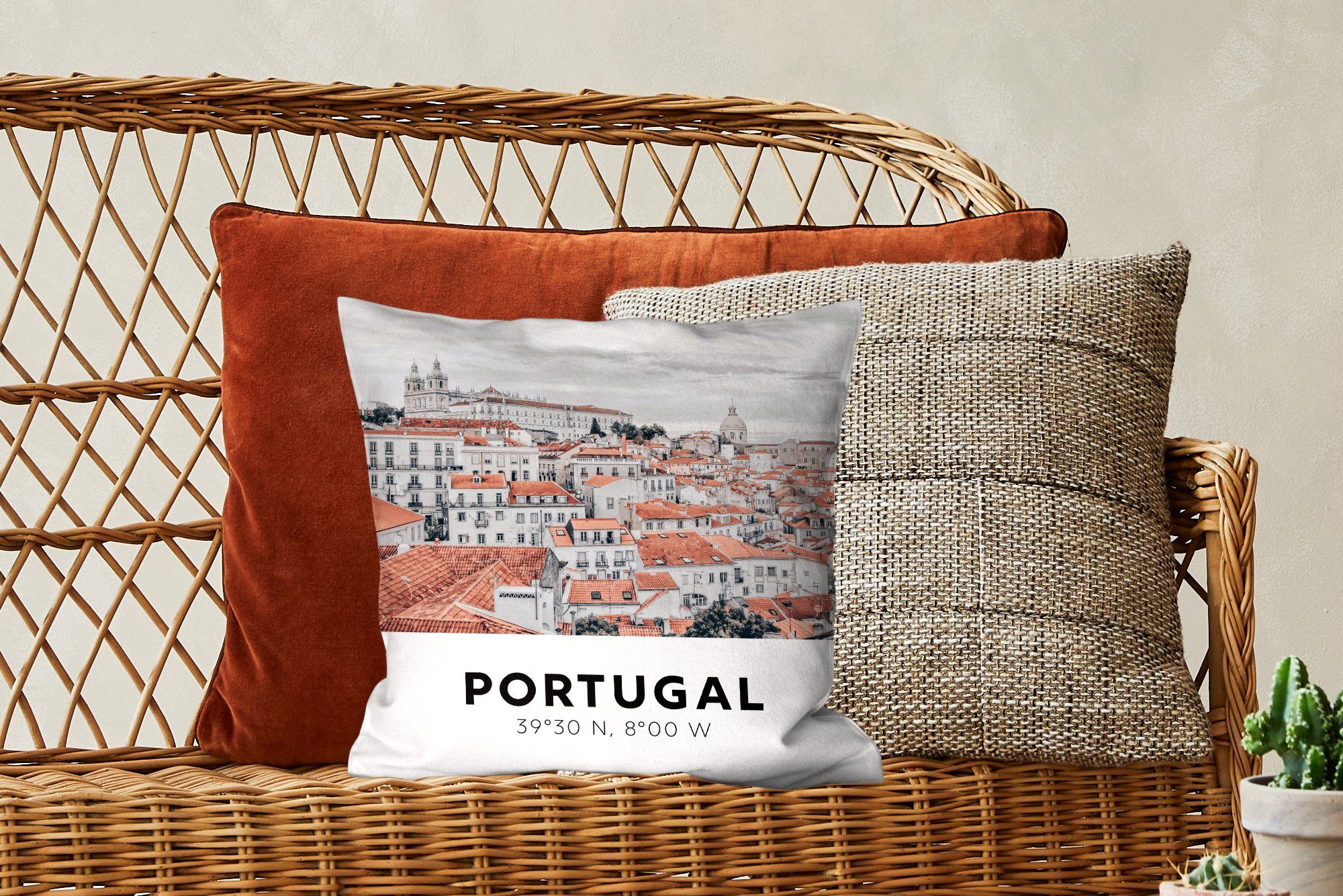 - - Deko, mit für Wohzimmer, Schlafzimmer, Sofakissen Zierkissen Häuser, Dekokissen Portugal Lissabon Füllung MuchoWow