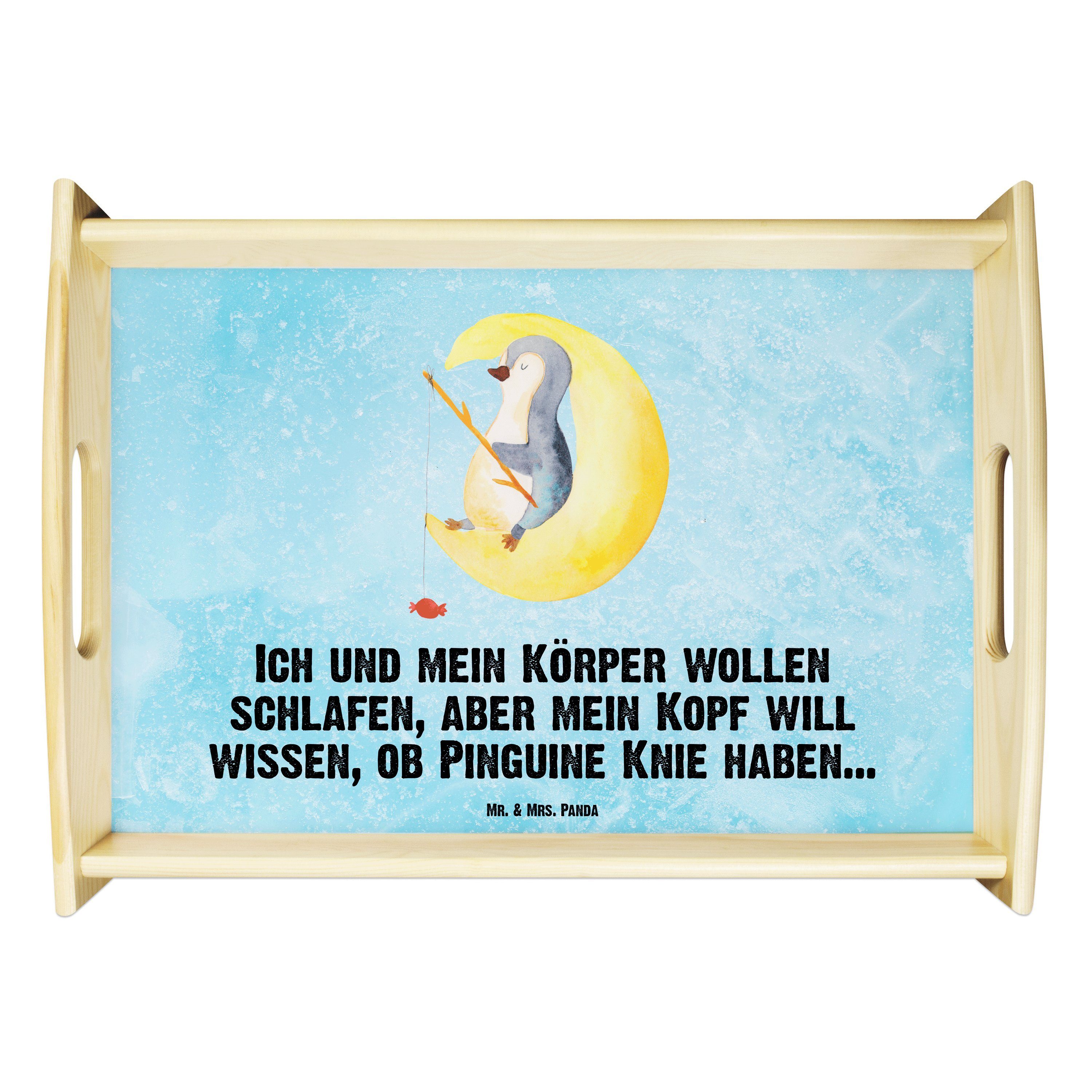 Mr. & Mrs. Panda Tablett Pinguin Mond - Eisblau - Geschenk, Tablett, Holztablett, Schlafstörun, Echtholz lasiert, (1-tlg)