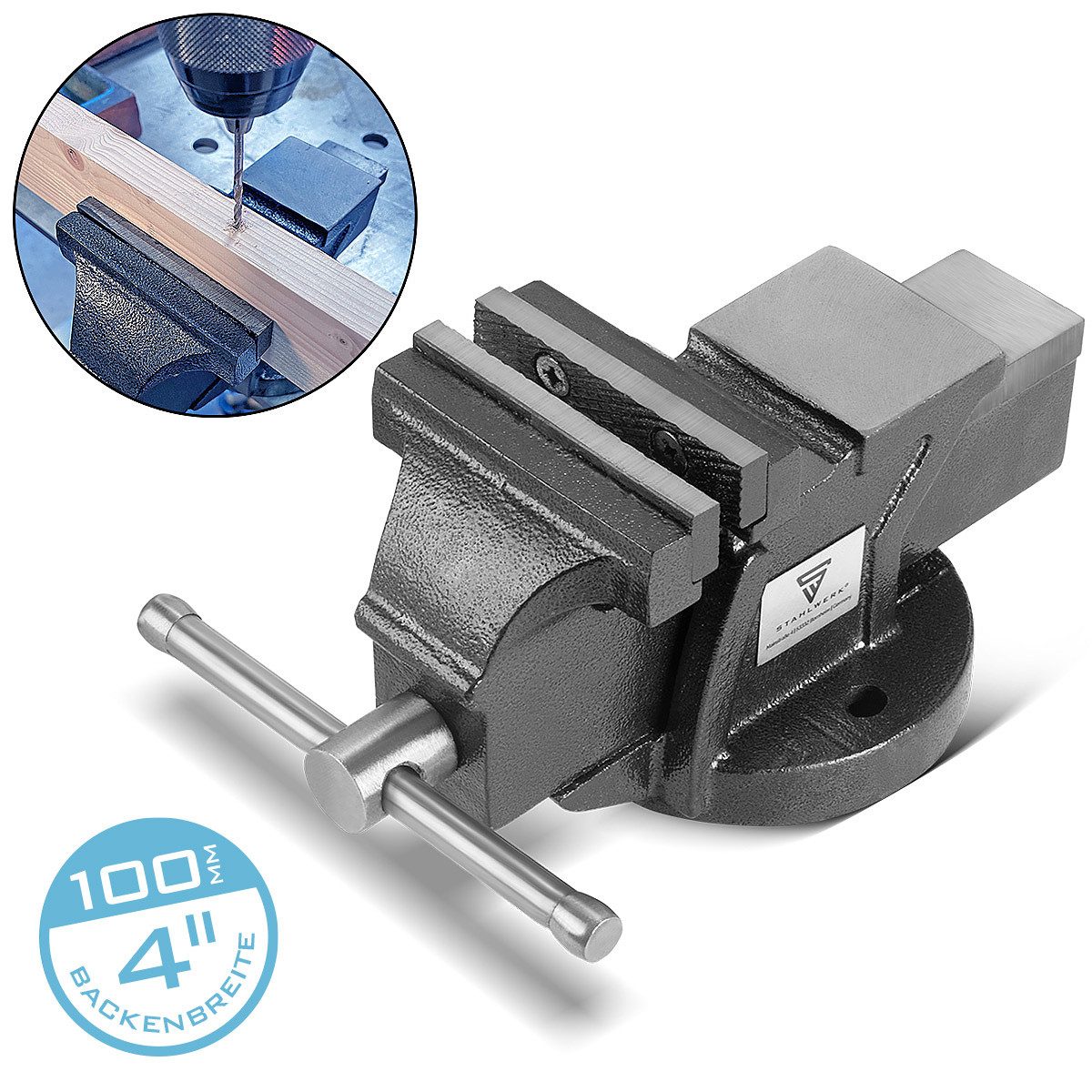 STAHLWERK Schraubstock Schraubstock BV-100 ST aus Gusseisen, mit 100 mm Spannweite, Maschinenschraubstock, Werkbankschraubstock