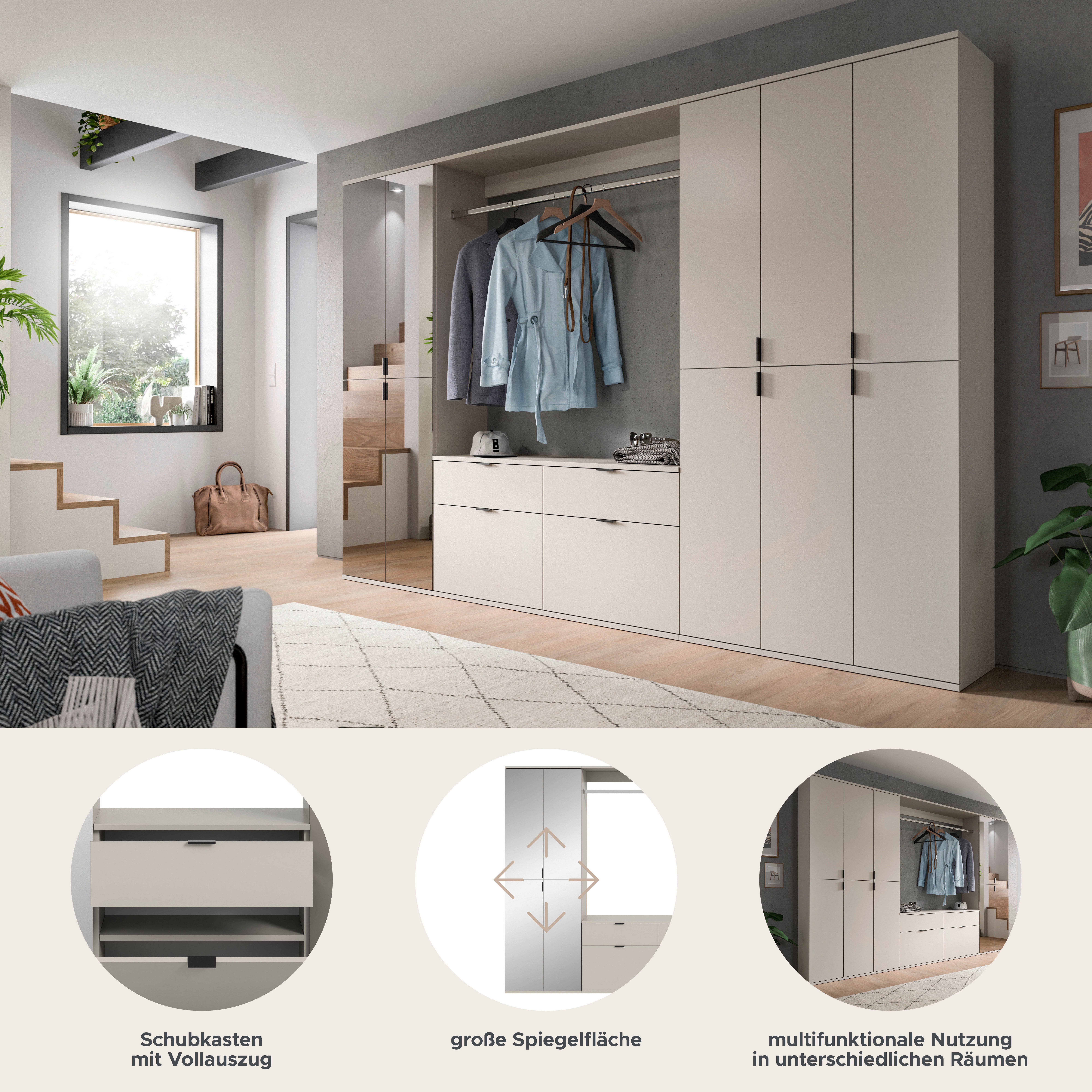 Home affaire Garderoben-Set TRONDHEIM, 6-teilig, Breite 273cm, individuell platzier- & erweiterbar, (Set, 5-St., bestehend aus: 3x Garderobenschrank & 3-tlgs. Zwischenbauelement), Garderobenschrank, Kleiderschrank, Schrankkombination, Garderobe