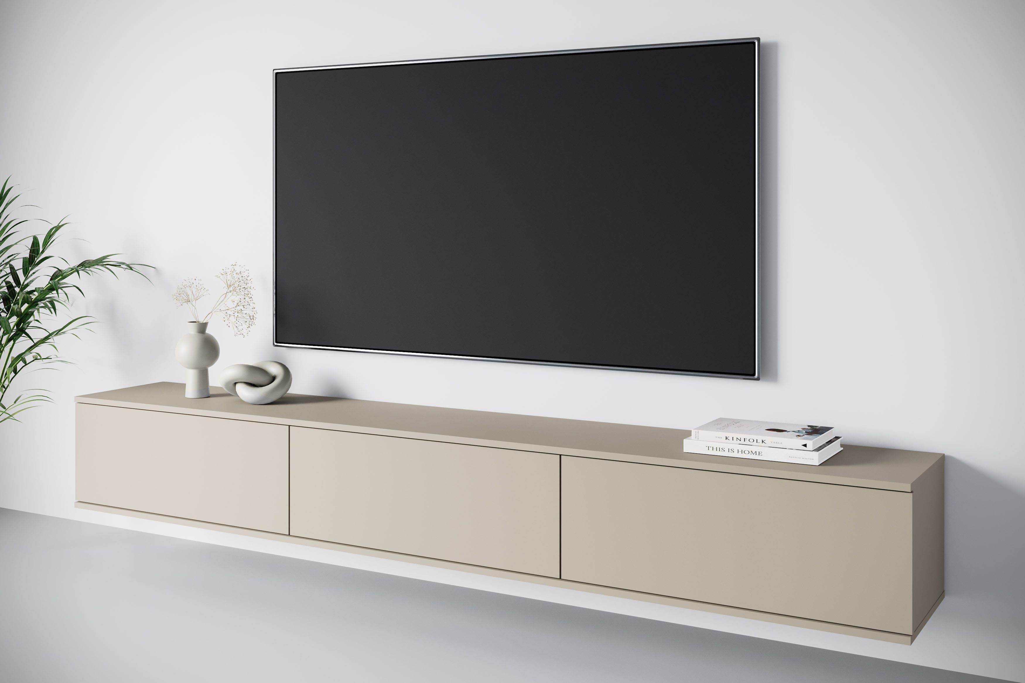 OTTO home Lowboard Kenia TV-Schrank, 220 cm breit, mit 3 Klappen (1 St), Stand- oder Hängemontage, stilvolles Design