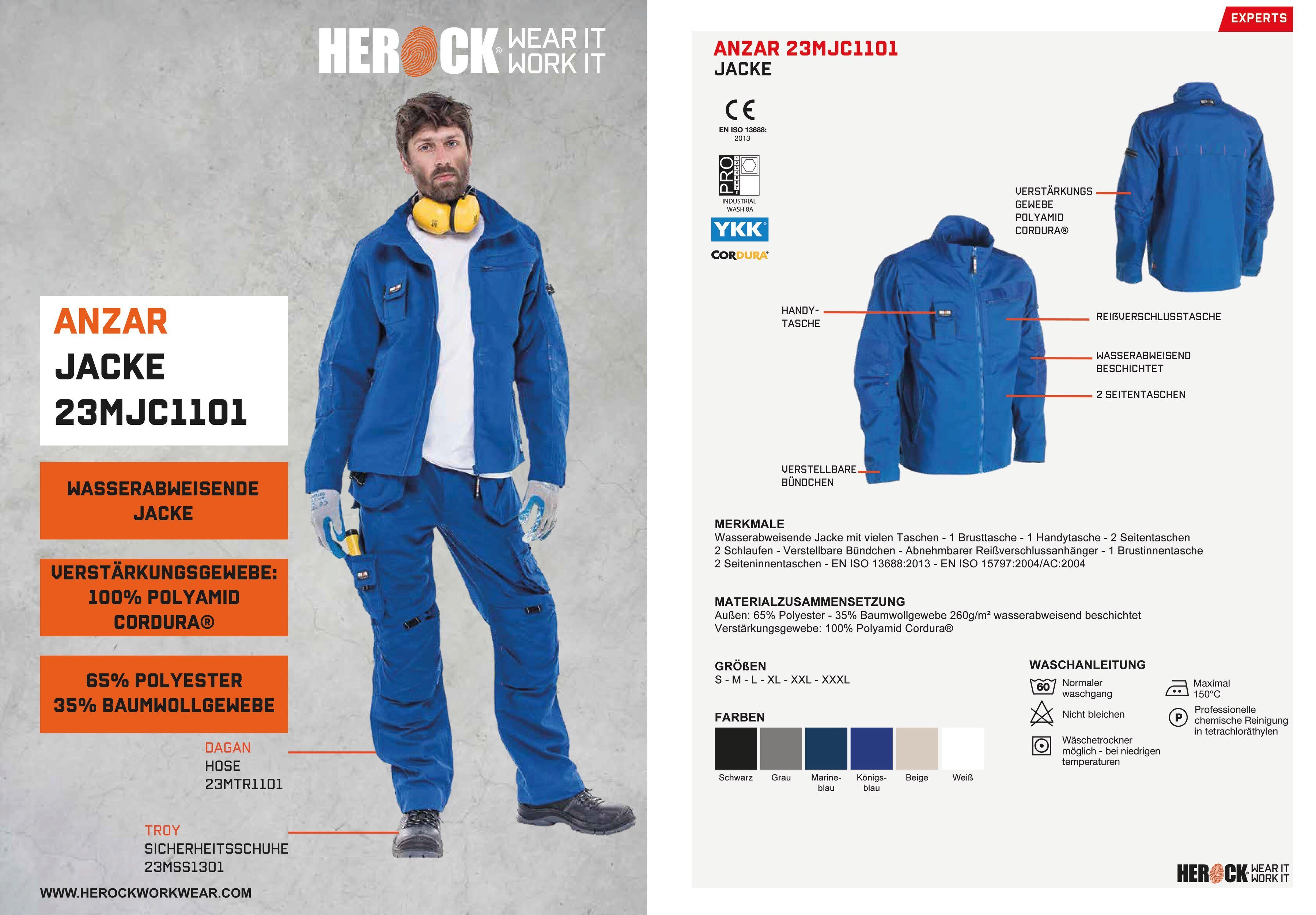 blau Taschen robust Anzar - Jacke Wasserabweisend - Herock - 7 verstellbare Arbeitsjacke Bündchen