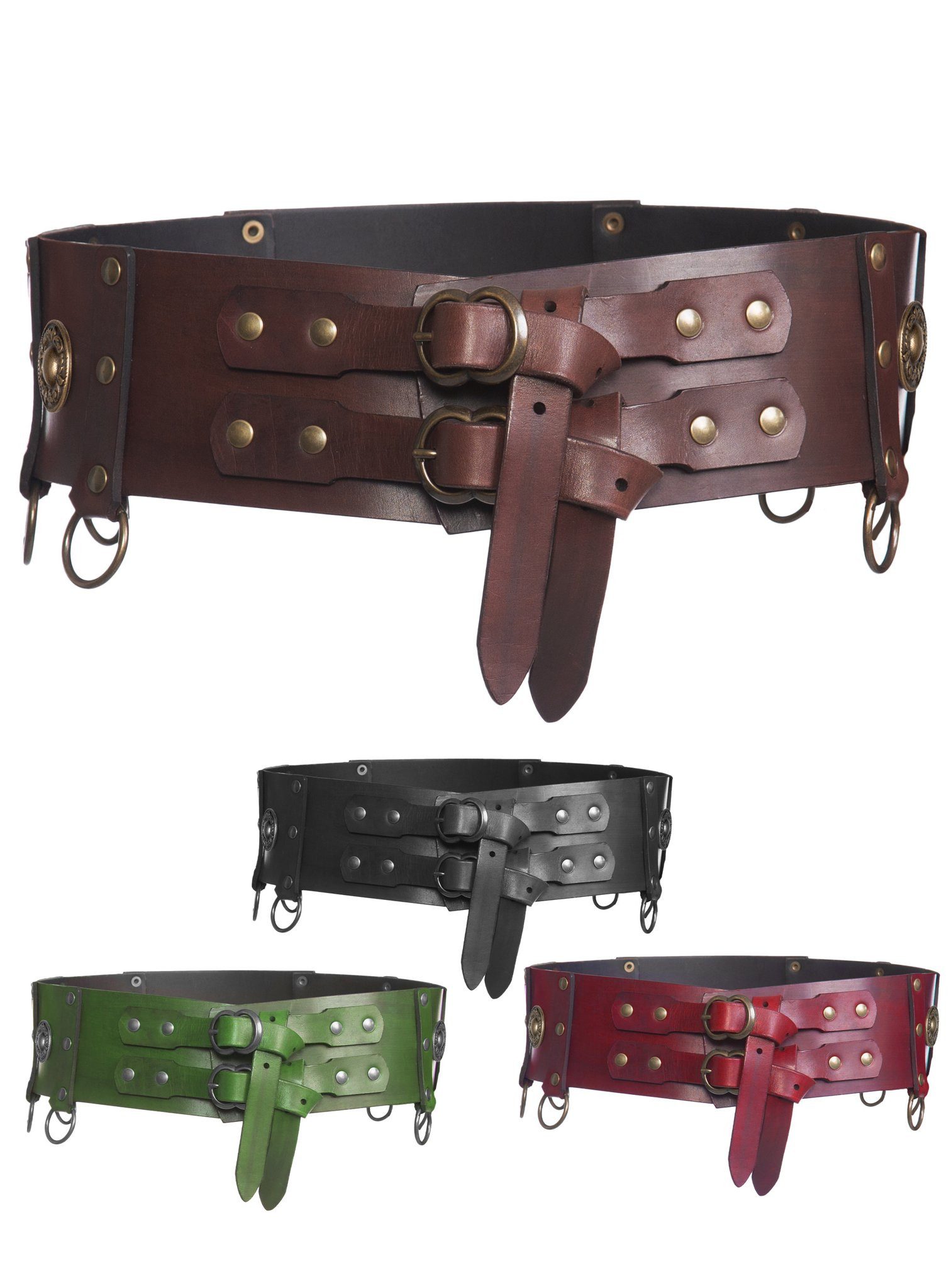 Andracor Ledergürtel Breiter Gürtel - Klingenmeister Breiter Ledergürtel mit zwei Verschlüssen, dekorativen Ringen und Zi