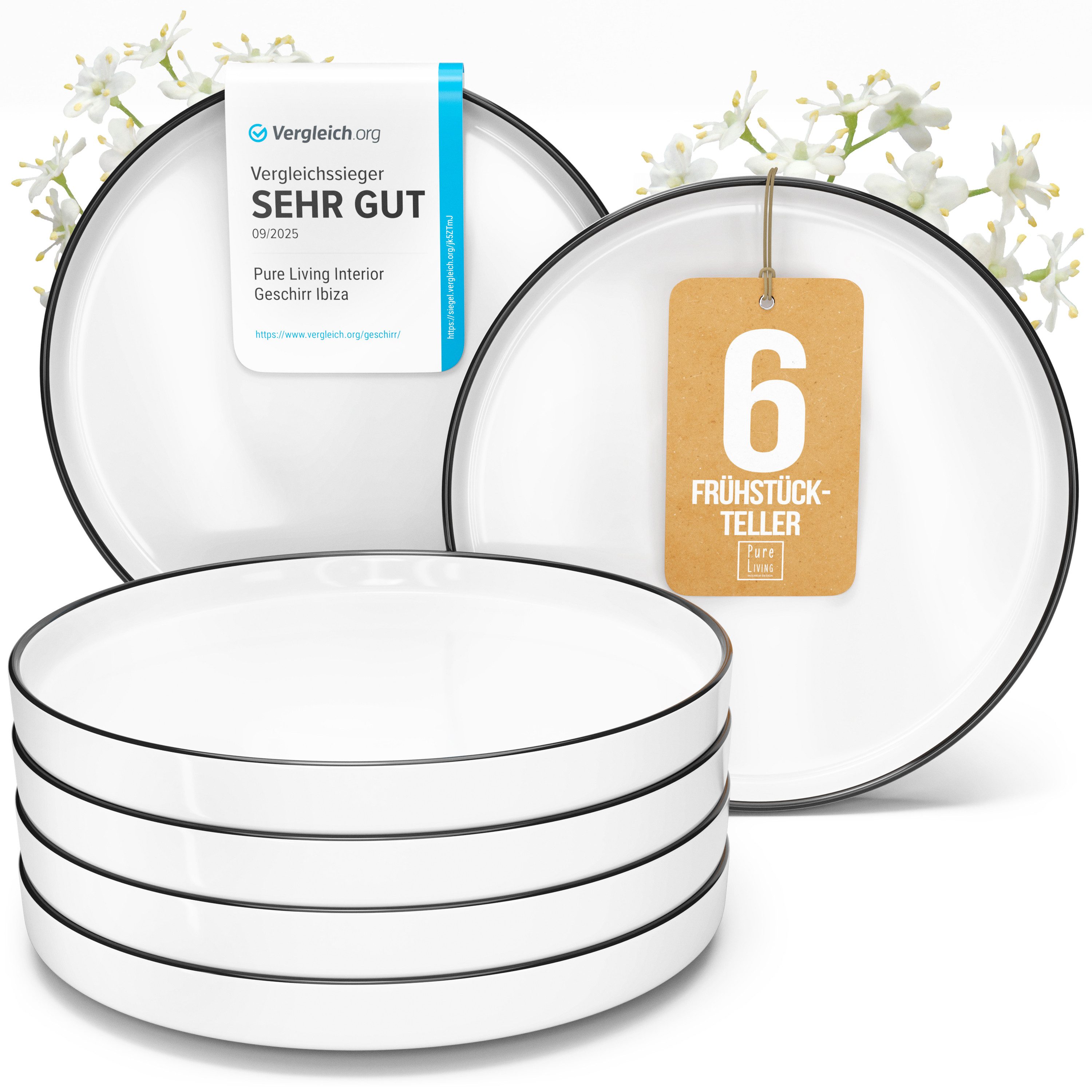 PURE LIVING INTERIOR DESIGN Geschirr-Set Pure Living Dessertteller 6er 20cm »Scandi«, Porzellan weiß, 6 Personen, Porzellan, Zeitloses skandinavisches Design, Eleganter schwarzer Rand, Minimalis…