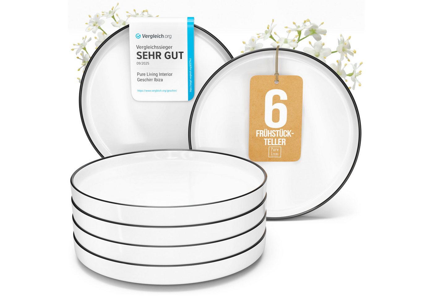 PURE LIVING INTERIOR DESIGN Geschirr-Set Scandi Dessertteller, Frühstückteller, 6er-Set, 20 cm, Weiß/Schwarz (6-tlg), 6 Personen, Porzellan
