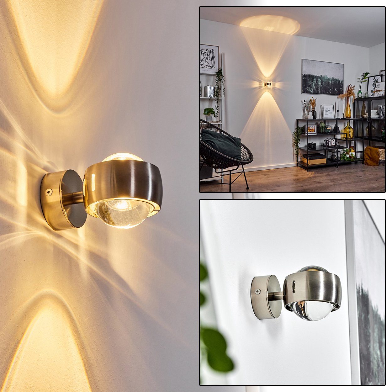 Nickel matt für Wandlampe Metall-Lampe mit das Wohnzimmer, Glaslinsen in Wandleuchte ohne hofstein Leuchtmittel, »Osacca« Halbrunde