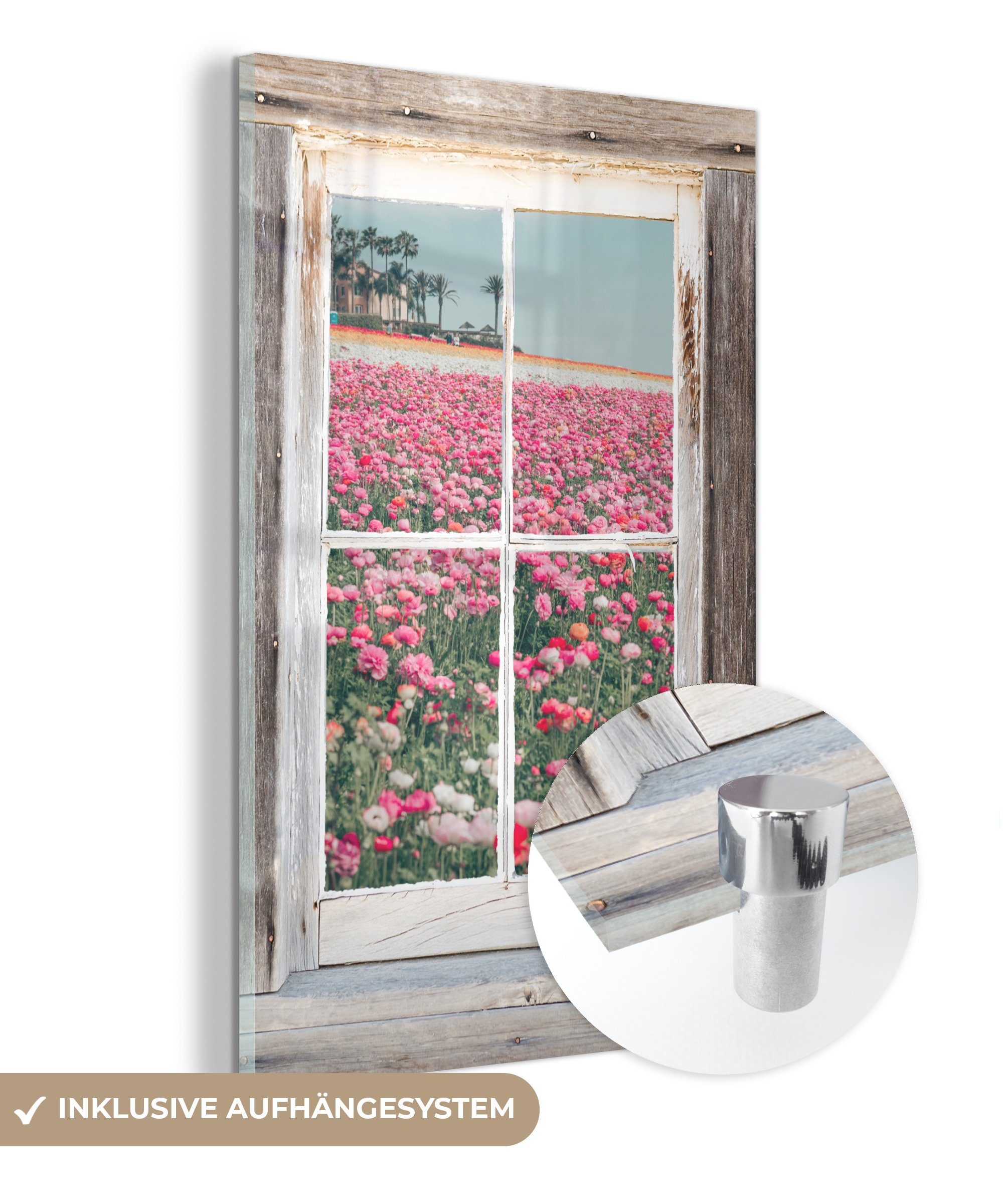 MuchoWow Acrylglasbild Aussicht - Feld - Blumen, (1 St), Glasbilder - Bilder auf Glas Wandbild - Foto auf Glas - Wanddekoration