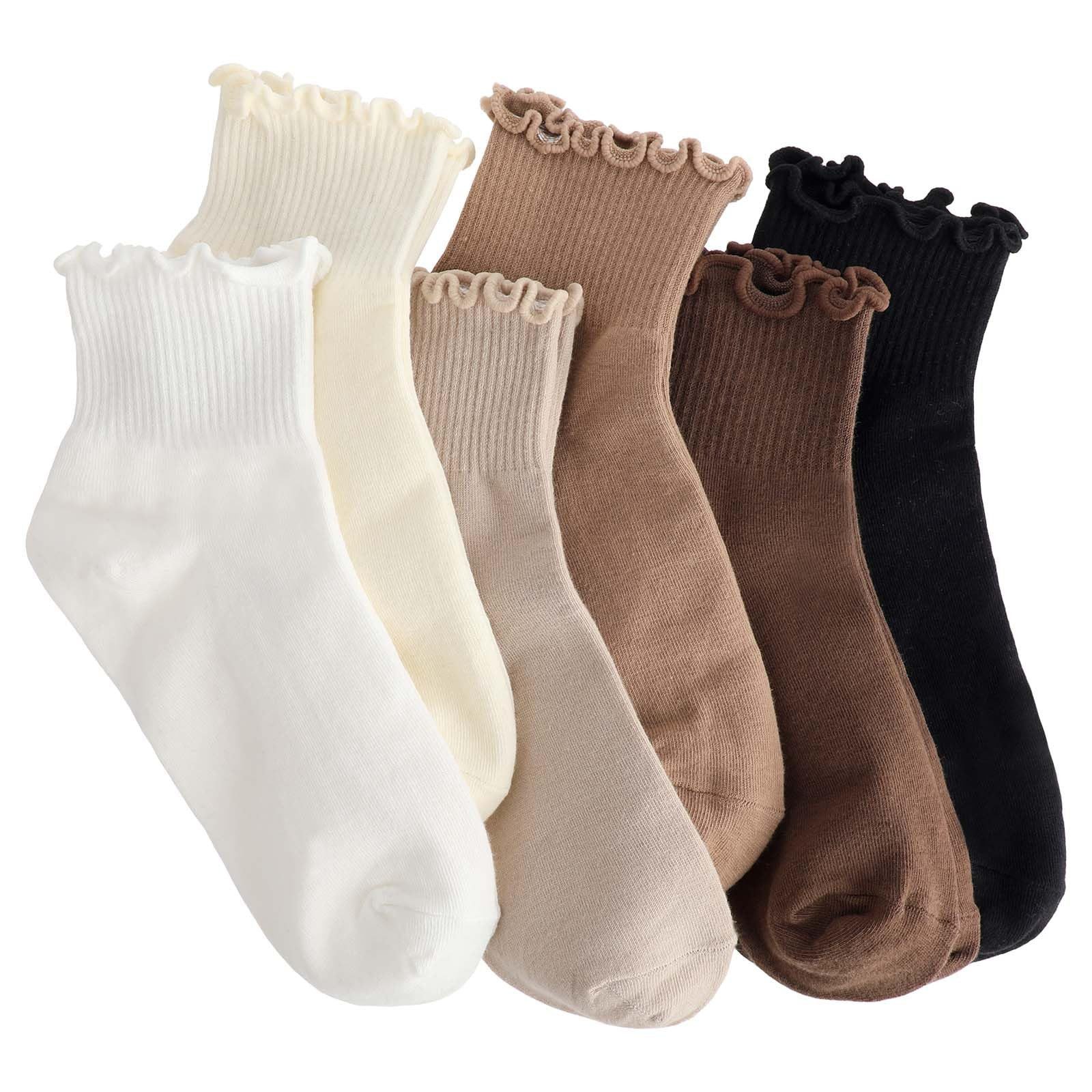 FOUORTUNATE-BEE Socken 6 Paar Rüschensocken Damen Einfarbige Stricksocken mit Rüschen (Socken für Damen Mädchen, 6-Paar)