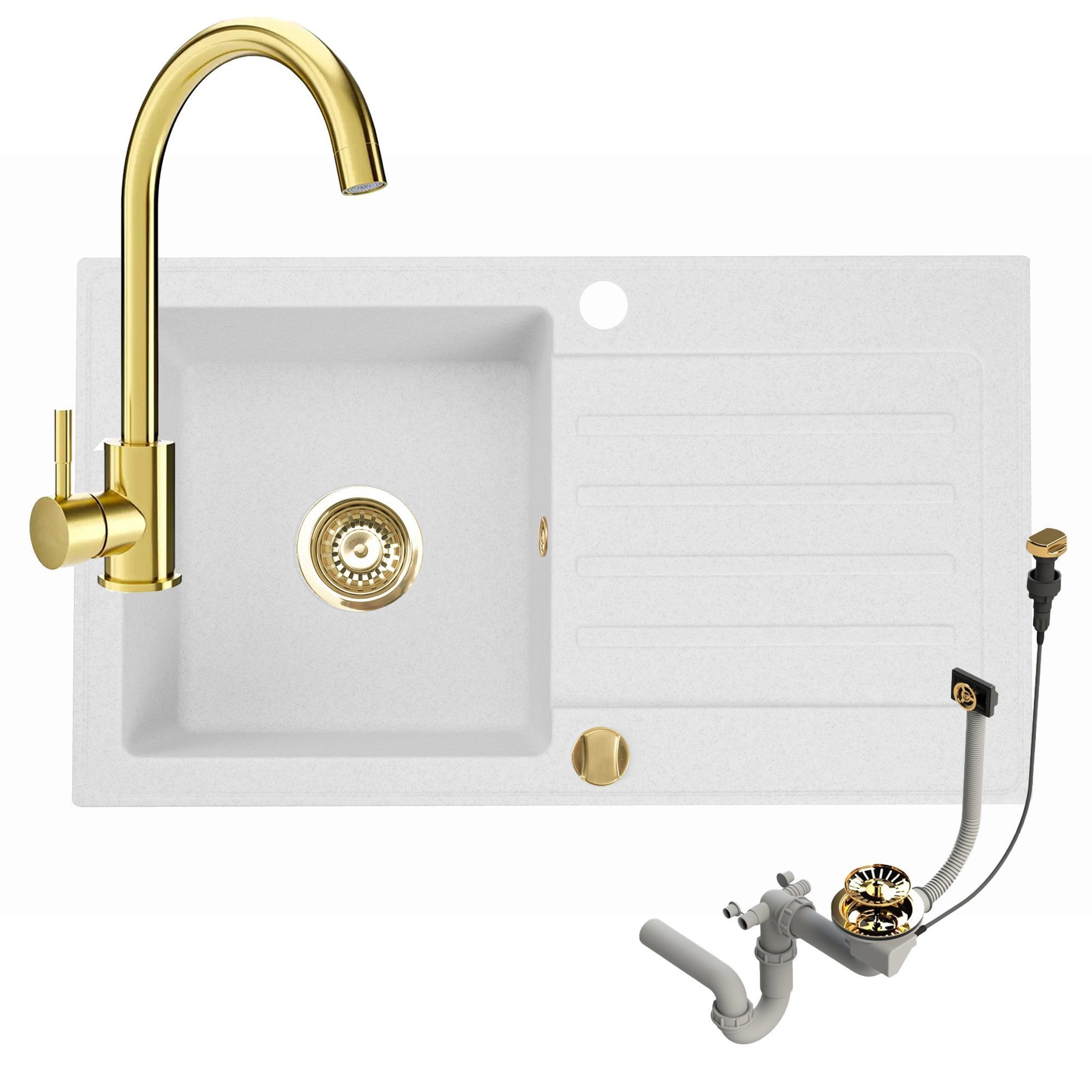Faizee Möbel Granitspüle Alisha mit Armatur Genial Gold & Siphon-Set Gold Weiß Genial Gold, Rechteck, 75/45 cm