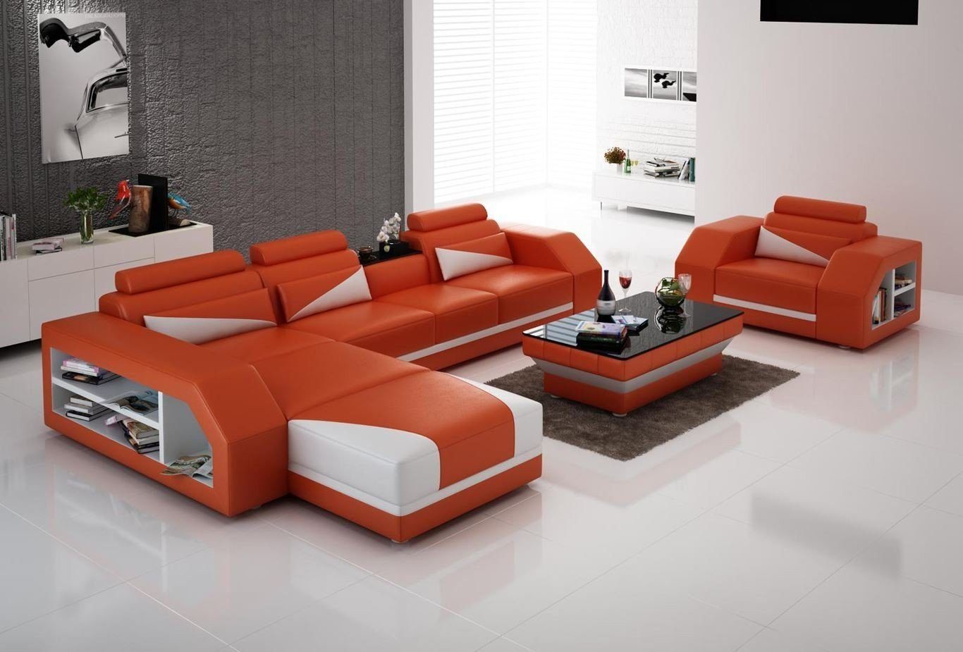 JVmoebel Sofa Ledersofa Wohnlandschaft Ecksofa L-Form mit Sessel Set Modern Sofa neu, Made in Europe Orange/Weiß