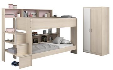 Faizee Möbel Hochbett Kinderbett Bibop Parisot +2-trg Kleiderschrank+Regale +Leiter (2-St)