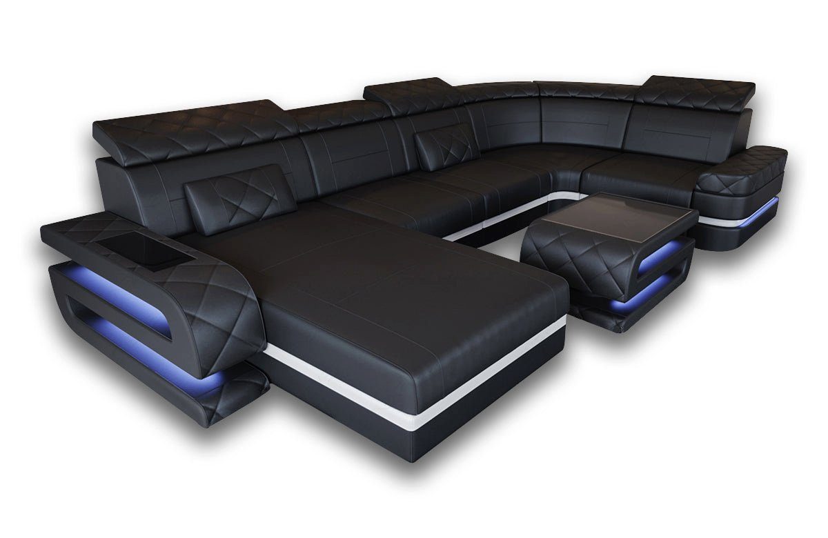 Schlafsofa, Dreams mit Wohnlandschaft Sofa Sofa wahlweise LED, mit als U Bologna Form Couch, Designersofa Ledersofa, Leder Bettfunktion