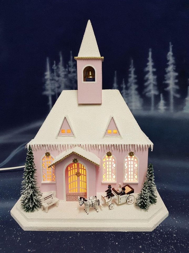 Weihnachtshaus Lichterhaus Rosa Kirche mit Hochzeitskutsche LxBxH  40x18,5x38cm NEU