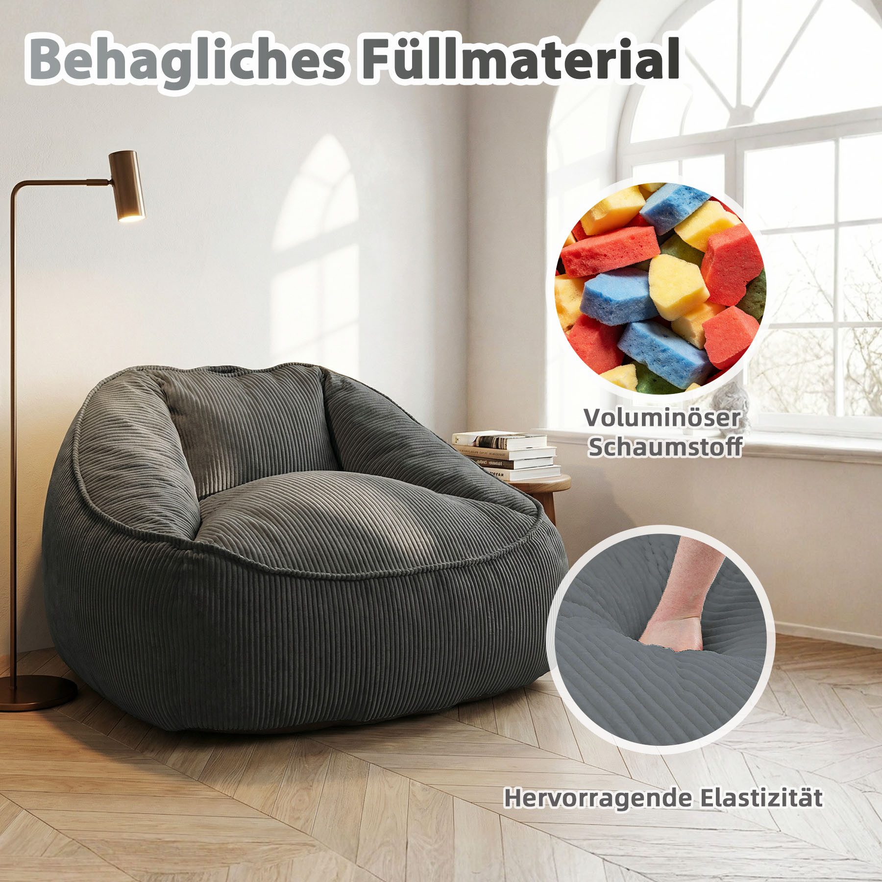 HomeMiYN Sitzsack Weicher Riesen Sitzsack aus Cord – Sessel fürs Wohnzimmer „Birne“ – Bild 4 von 5