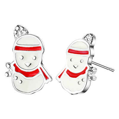 LÖB Paar Ohrstecker Damen 925 Silber Ohrstecker Ohrringe mit Schneemann Mütze Snowman Rot, Weihnachtsmotiv Geschenke Frauen zum Weihnachten Weihnachtsgeschenke