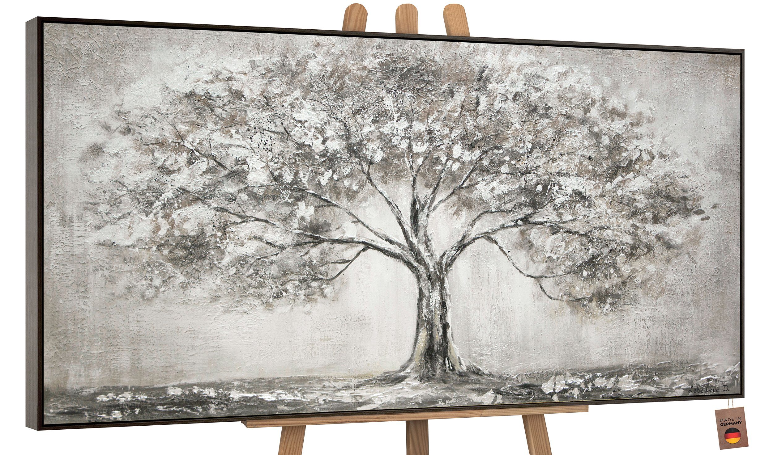 YS-Art Gemälde Lebensbaum, Landschaft, Leinwand Bild Handgemalt Grau Lebensbaum Natur Familie Mit Rahmen in Grau