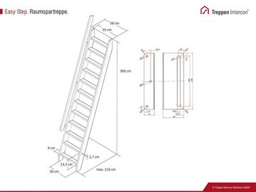 Treppen Intercon Raumspartreppe Easy Step, Holztreppe mit 13 Stufen, für Geschosshöhen bis 300,00 cm, Stufen offen, (inkl. einem oder zwei Geländern (wahlweise auswählbar), Durchgehende Wangen, Fichte oder Buche, schiebbar