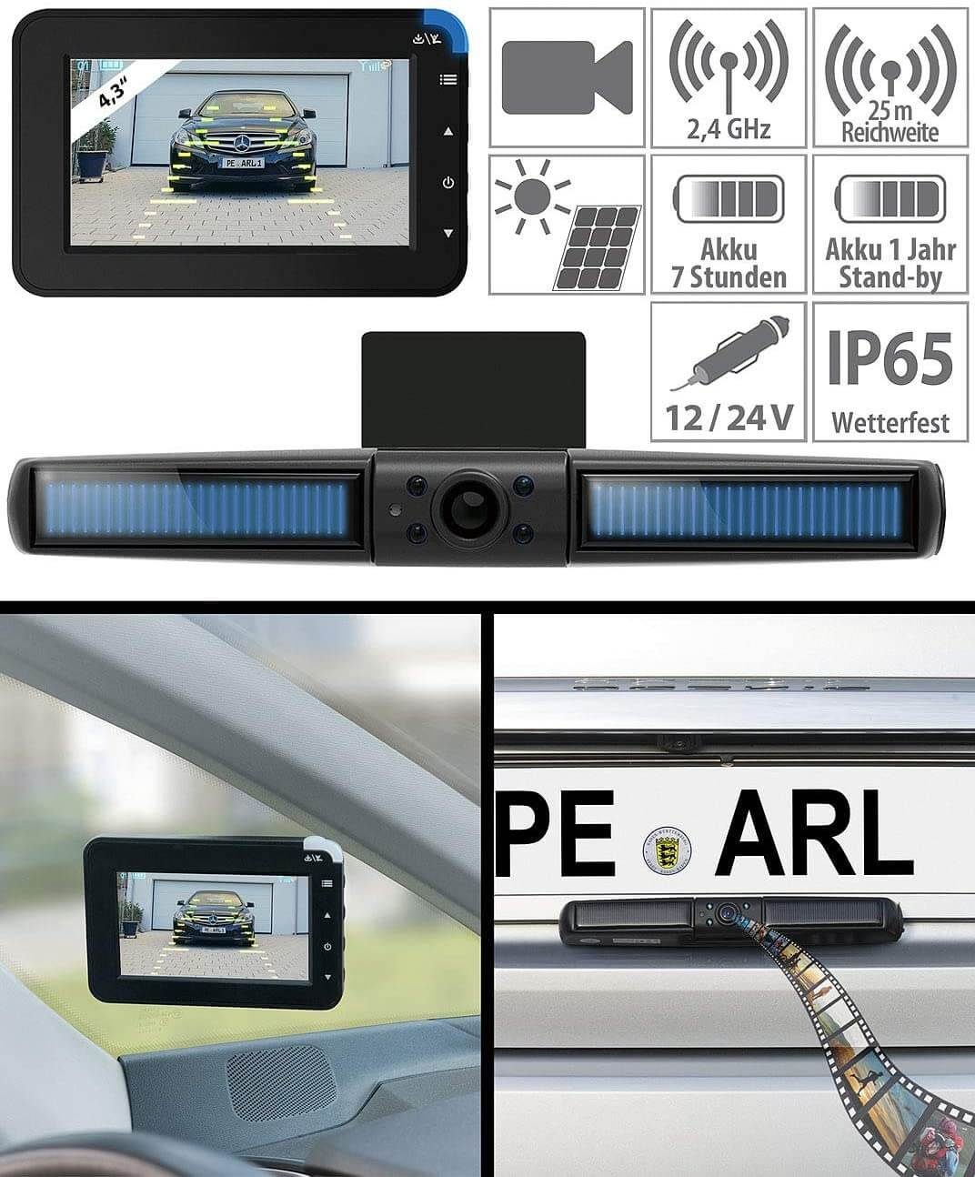 Solar-Funk-Rückfahrkamera Autarke großem Stromversorgung Lescars gurch Kabellose mit Farb-Monitor Rückfahrkamera (HD, Solarzelle)