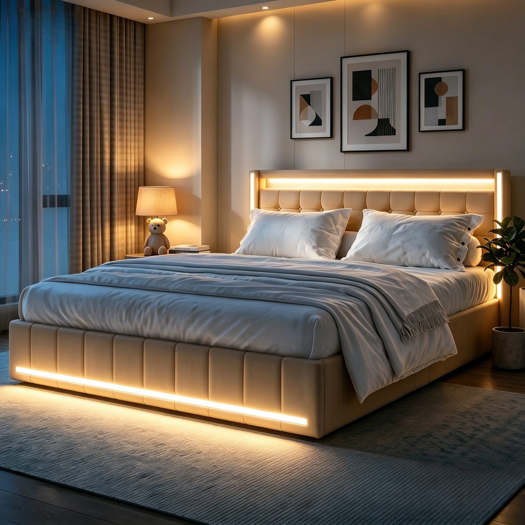 Gdood Stauraumbett LED Doppelbett Polsterbett mit Kopfteil und 4 Schubladen (Leinenmaterial Polsterbett mit RGB Beleuchtung), mit Lattenrost und Ladefunktion, mit Komforthöhe, Leises Design Bett