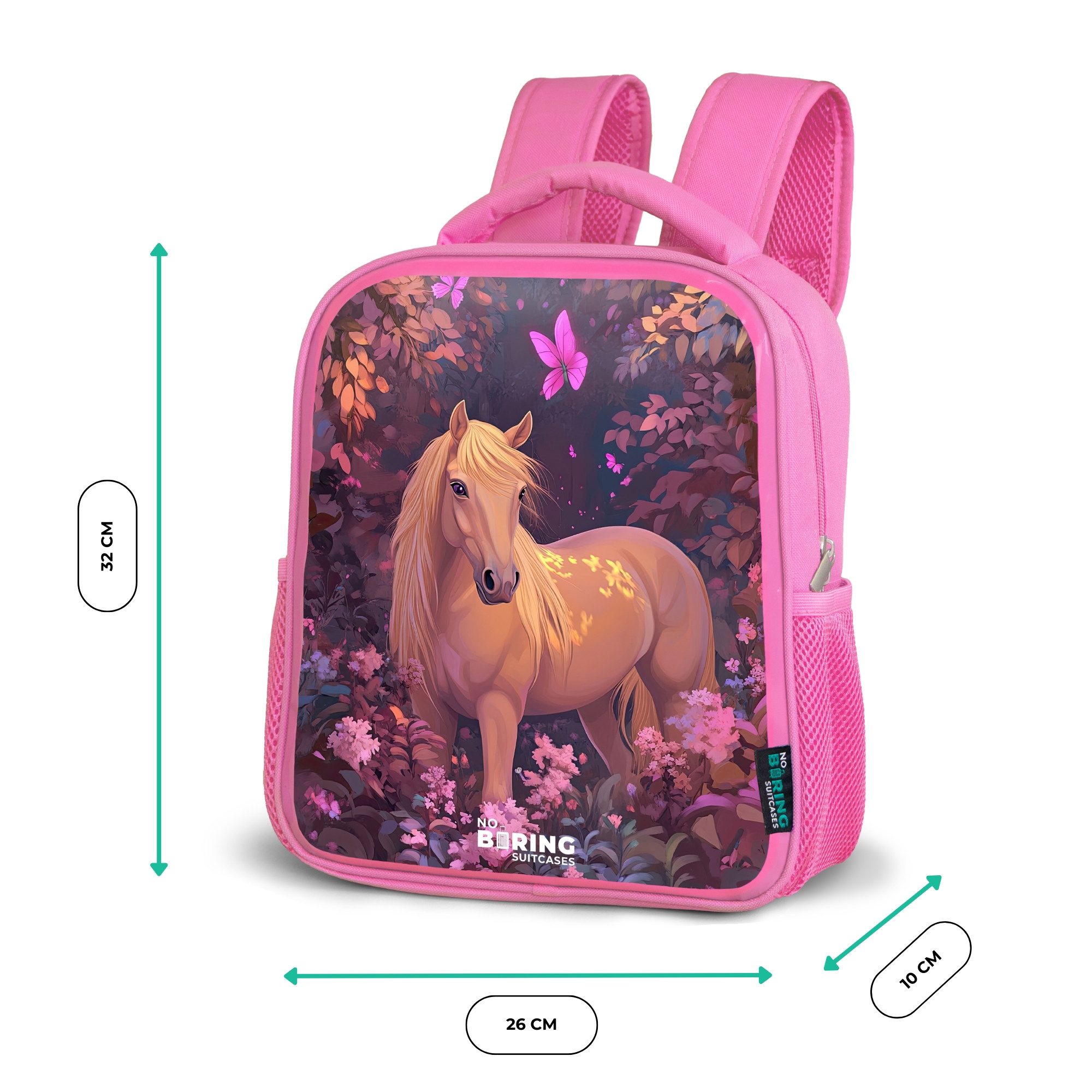 NoBoringSuitcases.com© Rucksack Rosa - Pferd - Blumen - Lila - Schmetterling, Kinderrucksack, Schulrucksack, Freizeitrucksack, Mädchen, Kindergarten – Bild 5 von 5