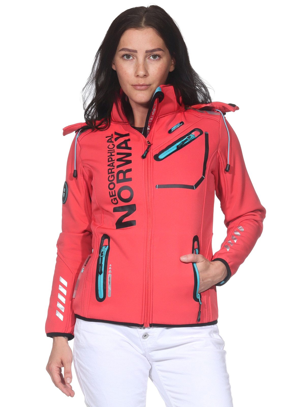 Geographical Norway Softshelljacke Damen Softshell Windbreaker Regen Outdoor Jacke in Unifarbe, mit abnehmbarer Kapuze, mit Stehkragen