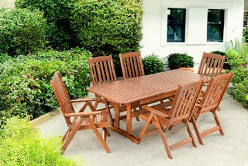 Konsimo Garten-Essgruppe ALCES Massivholz, FSC-zertifiziert, (6x Stuhl, 1x Tisch, 7-tlg), Ausziehbarer Tisch, Kiefernholz, handgefertigt, hergestellt in der EU